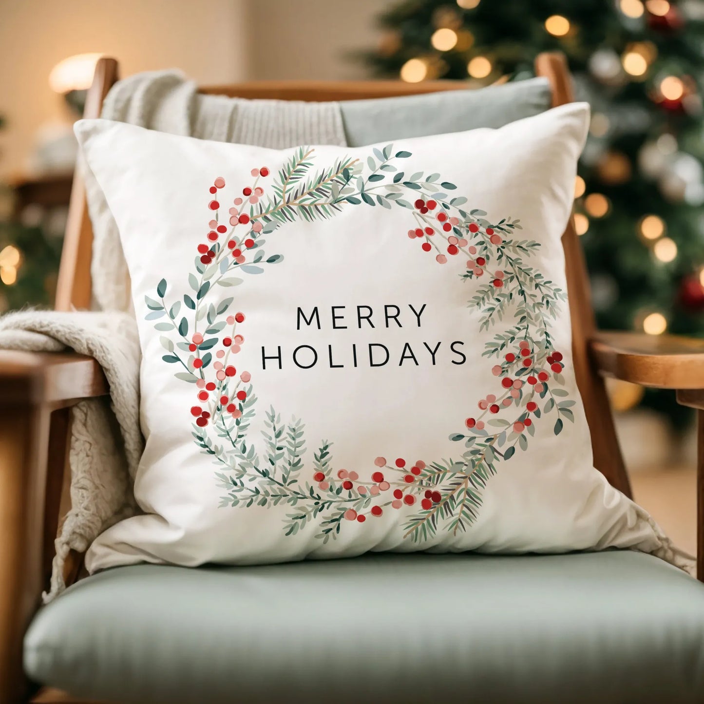Festive Merry Holiday wreath pillow with red berries and pine greenery on cozy chair – Christmas living room accent