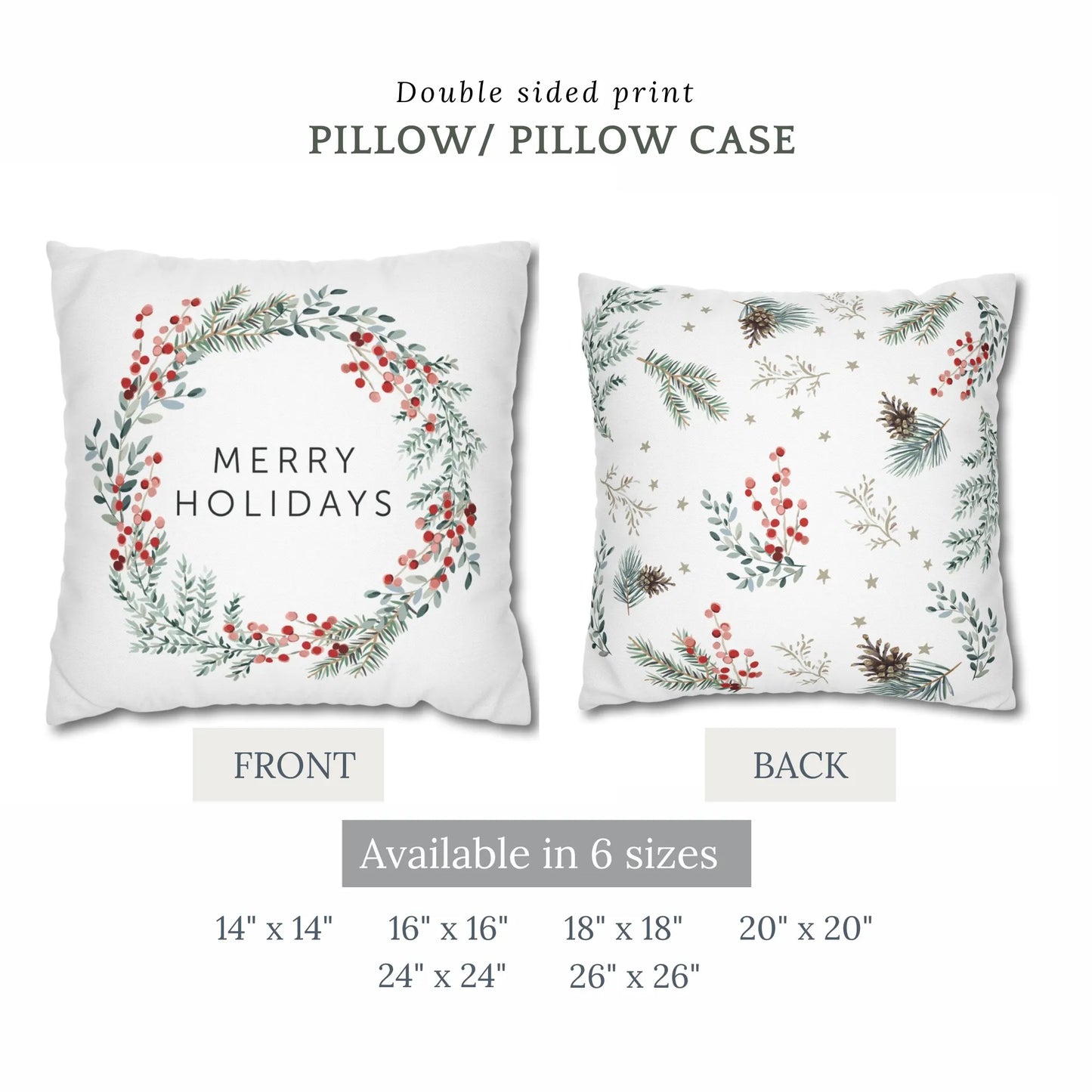 Double-sided Merry Holiday wreath pillow with festive red berries, pine greenery, and holiday star accents – 6 sizes available