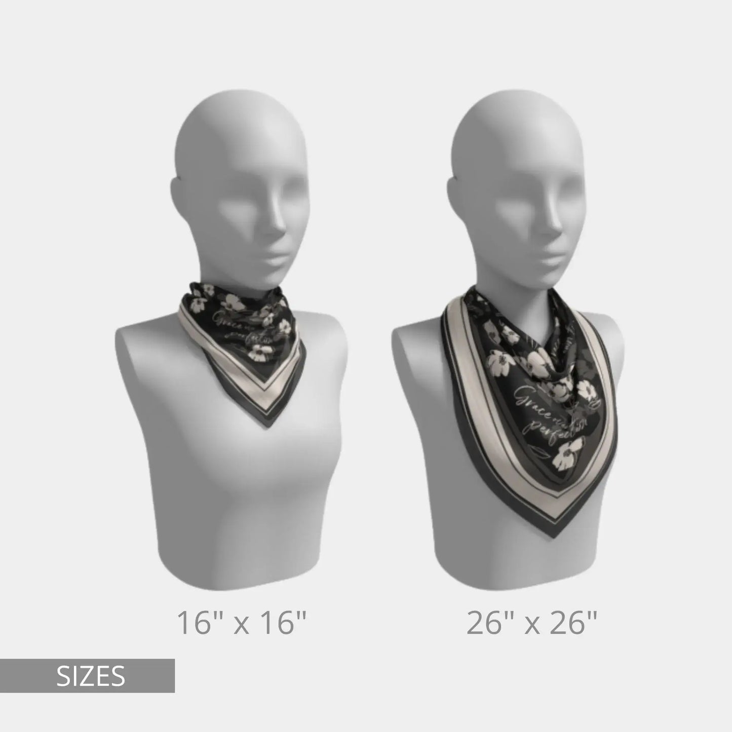 Black silk wildflower scarf shown in 16"x16" and 26"x26" sizes, styled around the neck on mannequins.