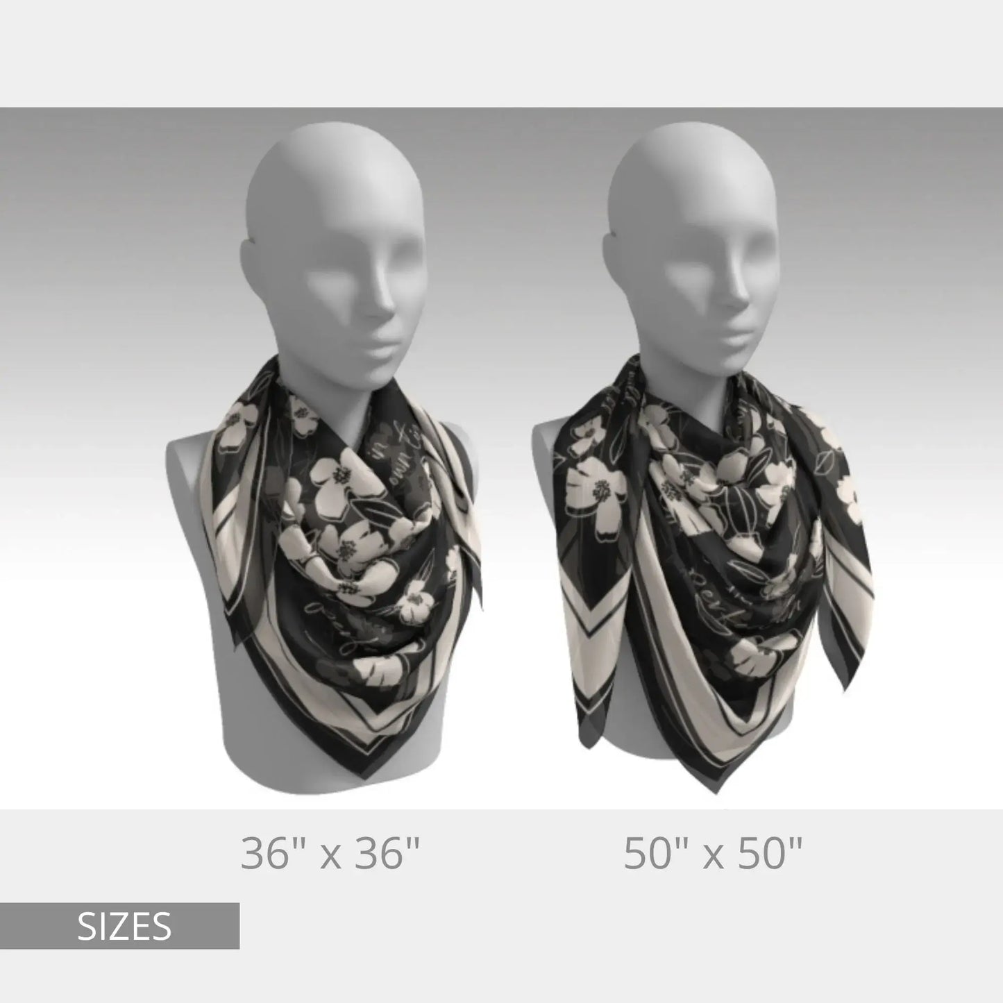 Black silk wildflower scarf shown in 36"x36" and 50"x50" sizes, elegantly draped on mannequins.