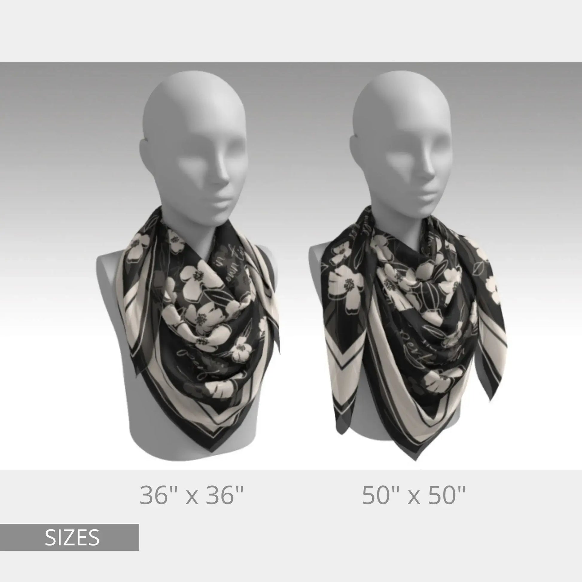 Black silk wildflower scarf shown in 36"x36" and 50"x50" sizes, elegantly draped on mannequins.
