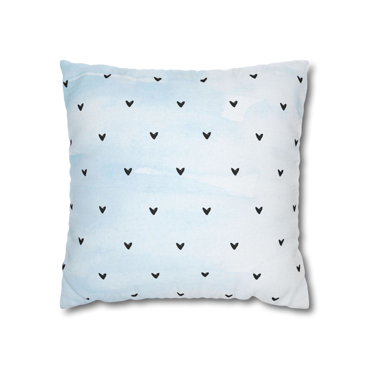 Minimalist Hearts Valentine Pillow with black hearts on a white background, Blue Water Songs brand.