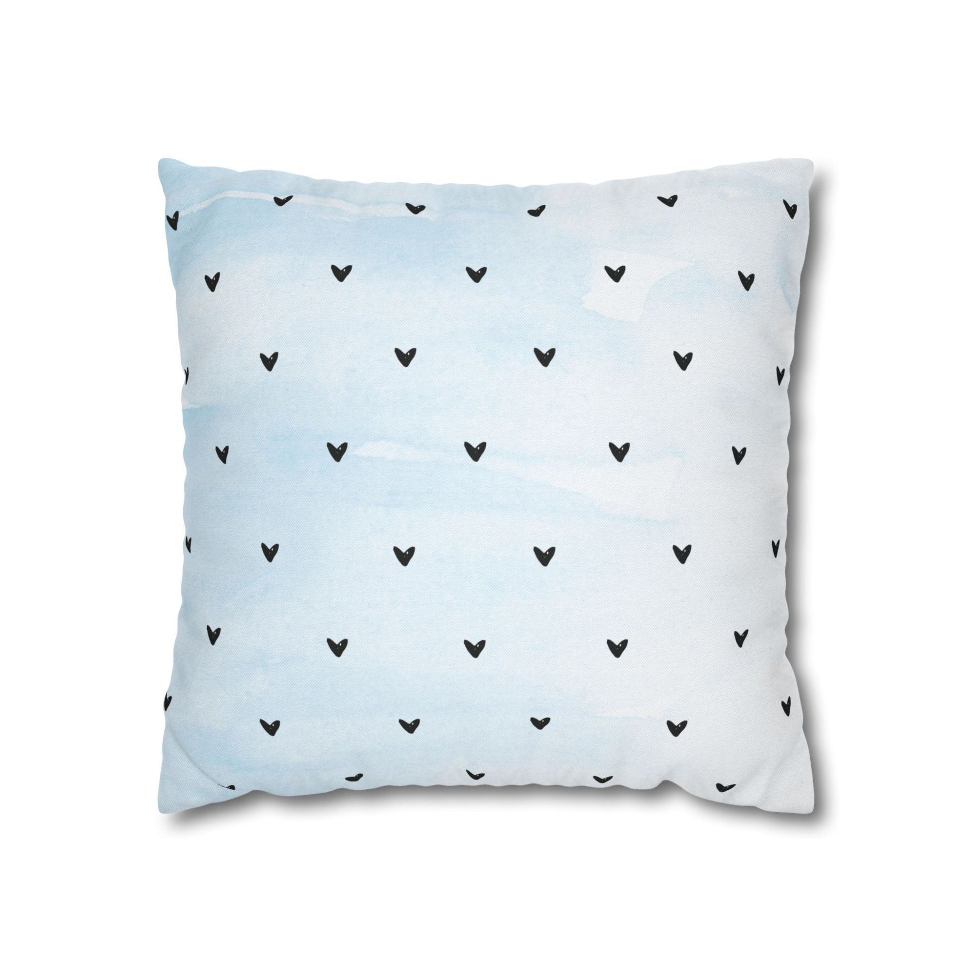 Minimalist Hearts Valentine Pillow with black hearts on a white background, Blue Water Songs brand.