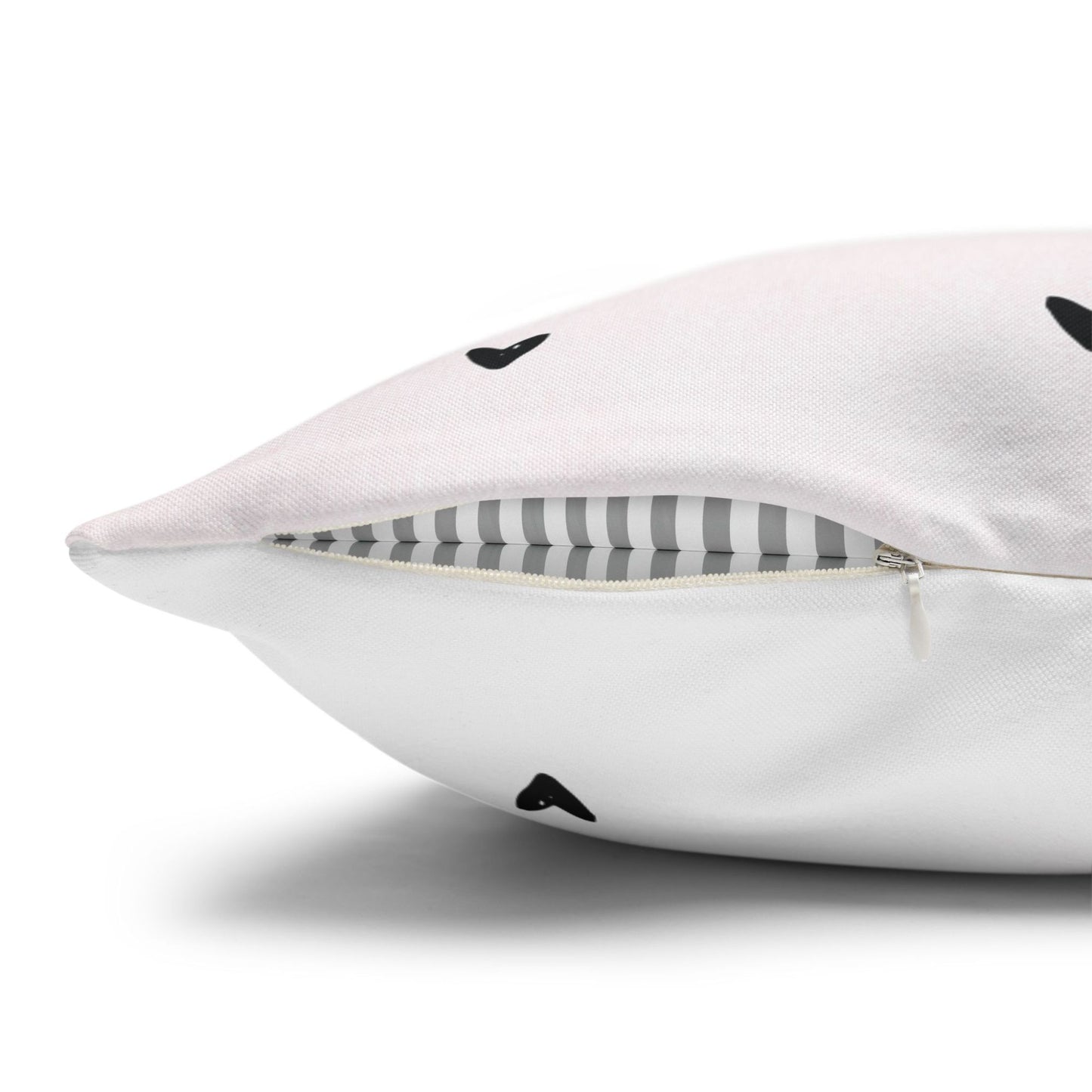 Minimalist Hearts Valentine Pillow detail showing zipper closure and striped lining, Blue Water Songs brand.