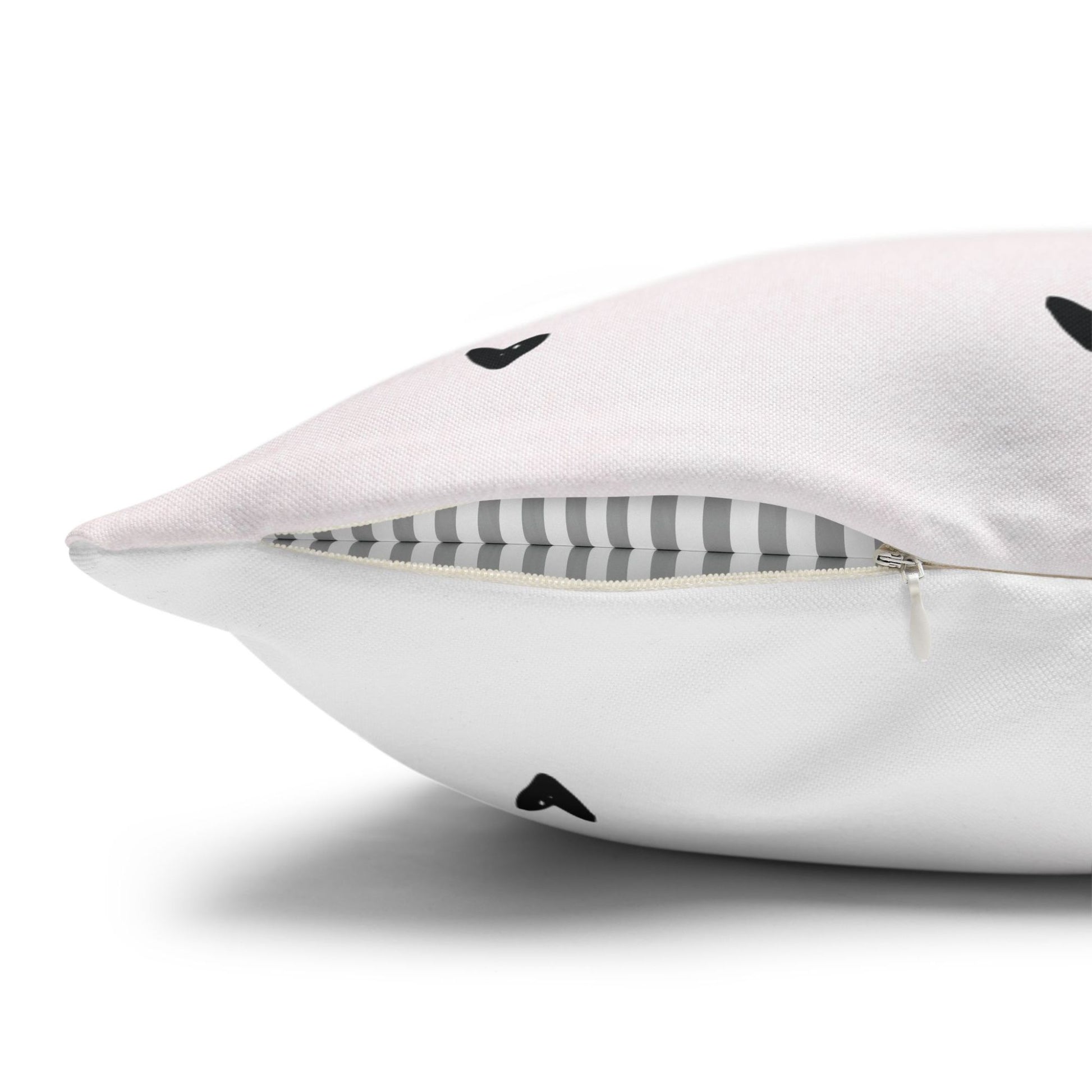 Minimalist Hearts Valentine Pillow detail showing zipper closure and striped lining, Blue Water Songs brand.