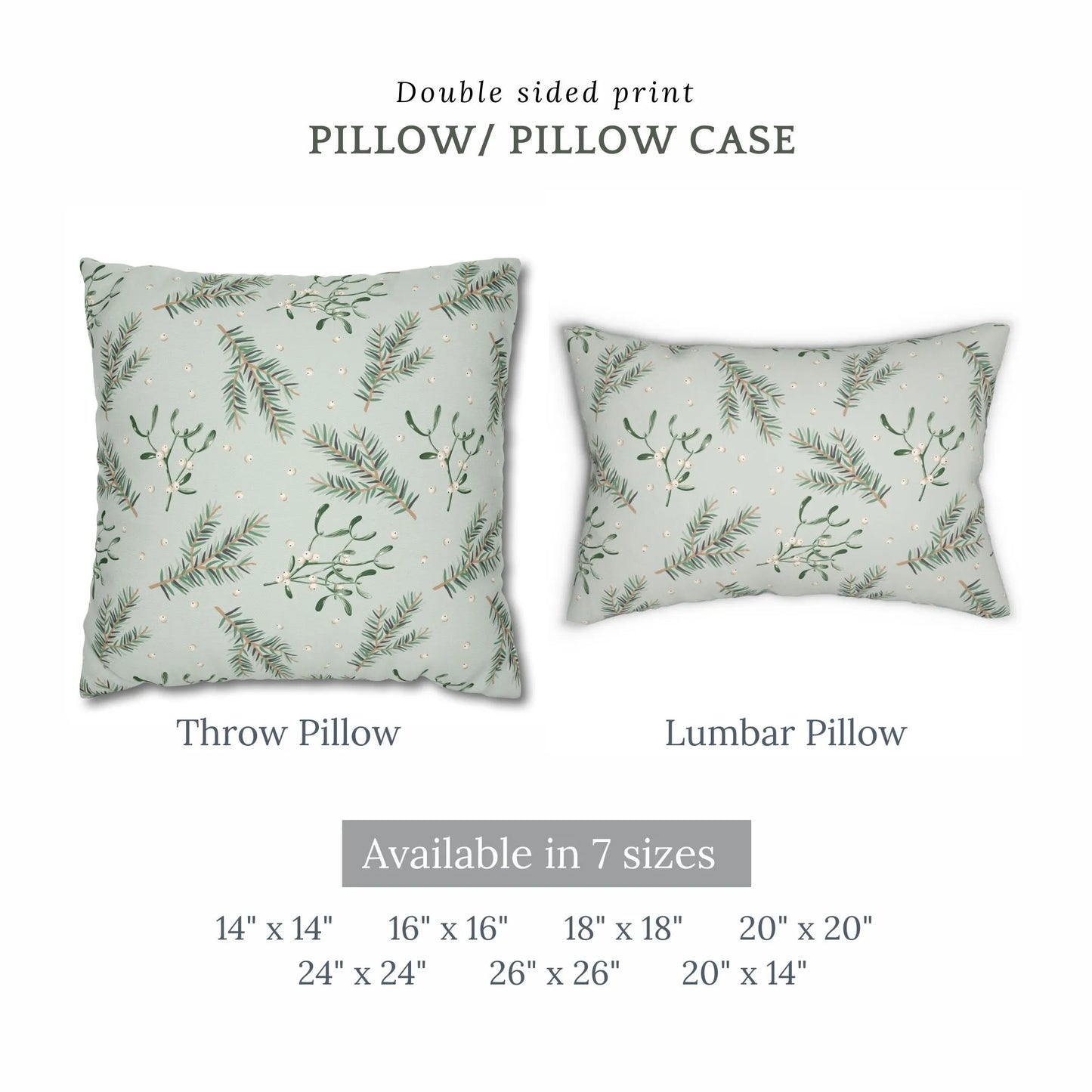 Mistletoe Christmas throw and lumbar pillows – double-sided botanical design in 7 sizes for holiday home decor
