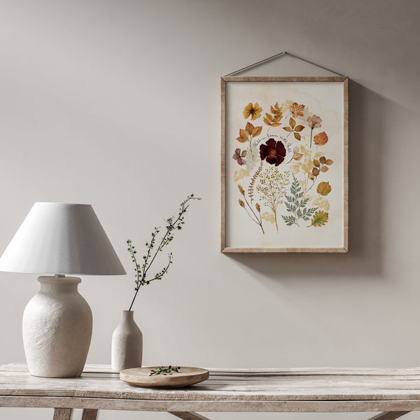 wabi sabi room decoration with autumn poster from Blue Water Songs on wall