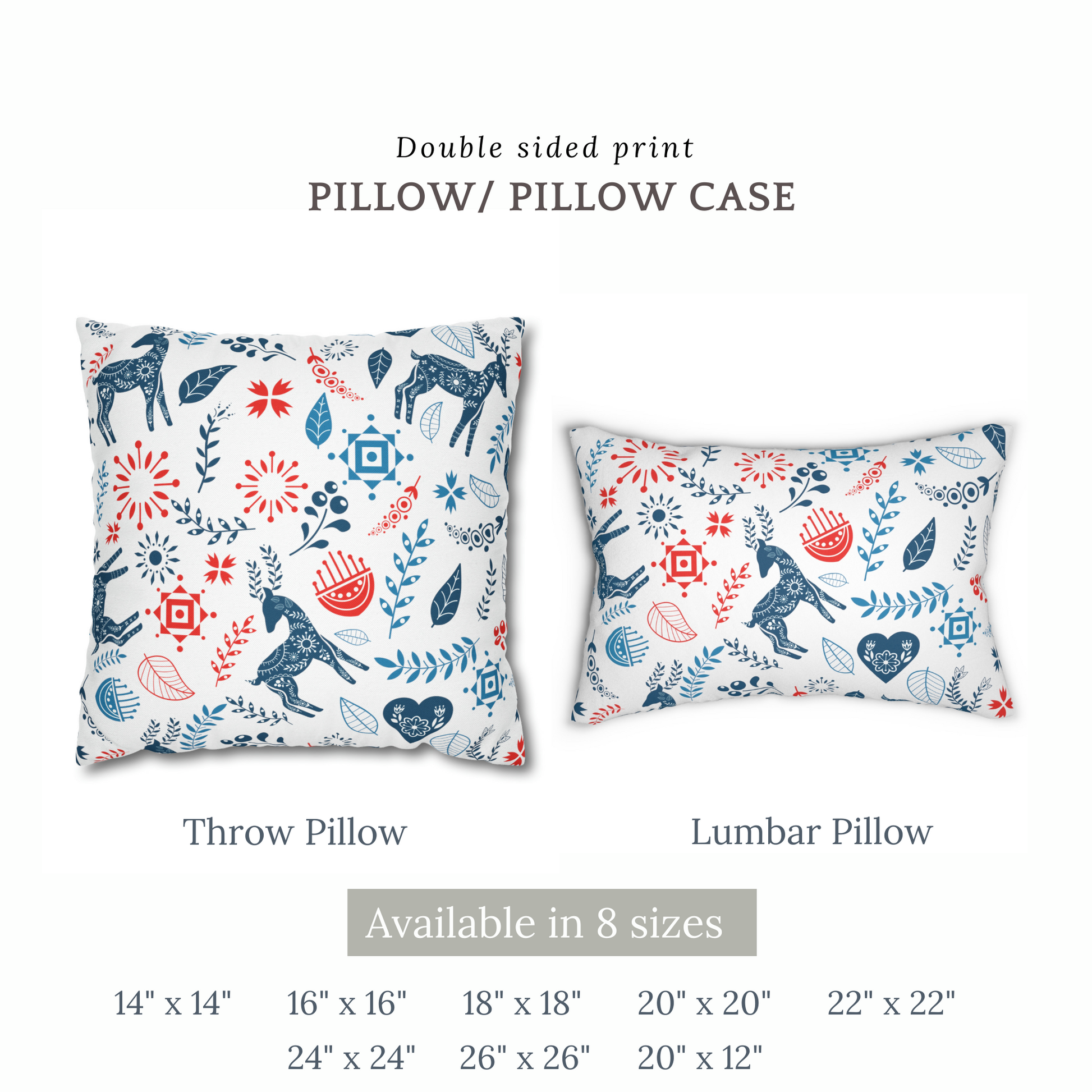 Reindeer Christmas Pillow cover featuring Nordic folk art design in blue and red, available in multiple sizes.