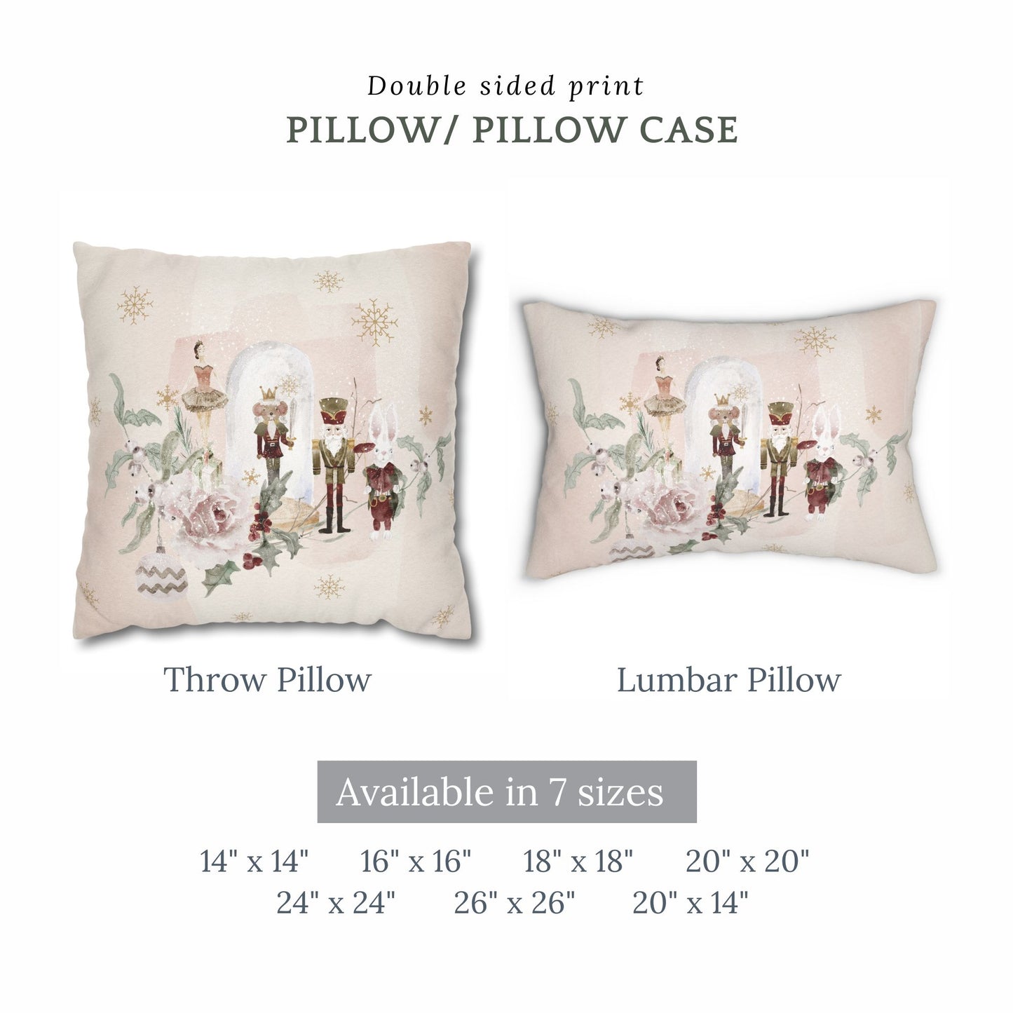 Nutcracker Christmas Pillow Cover showcasing double sided print design with throw and lumbar pillows in various sizes