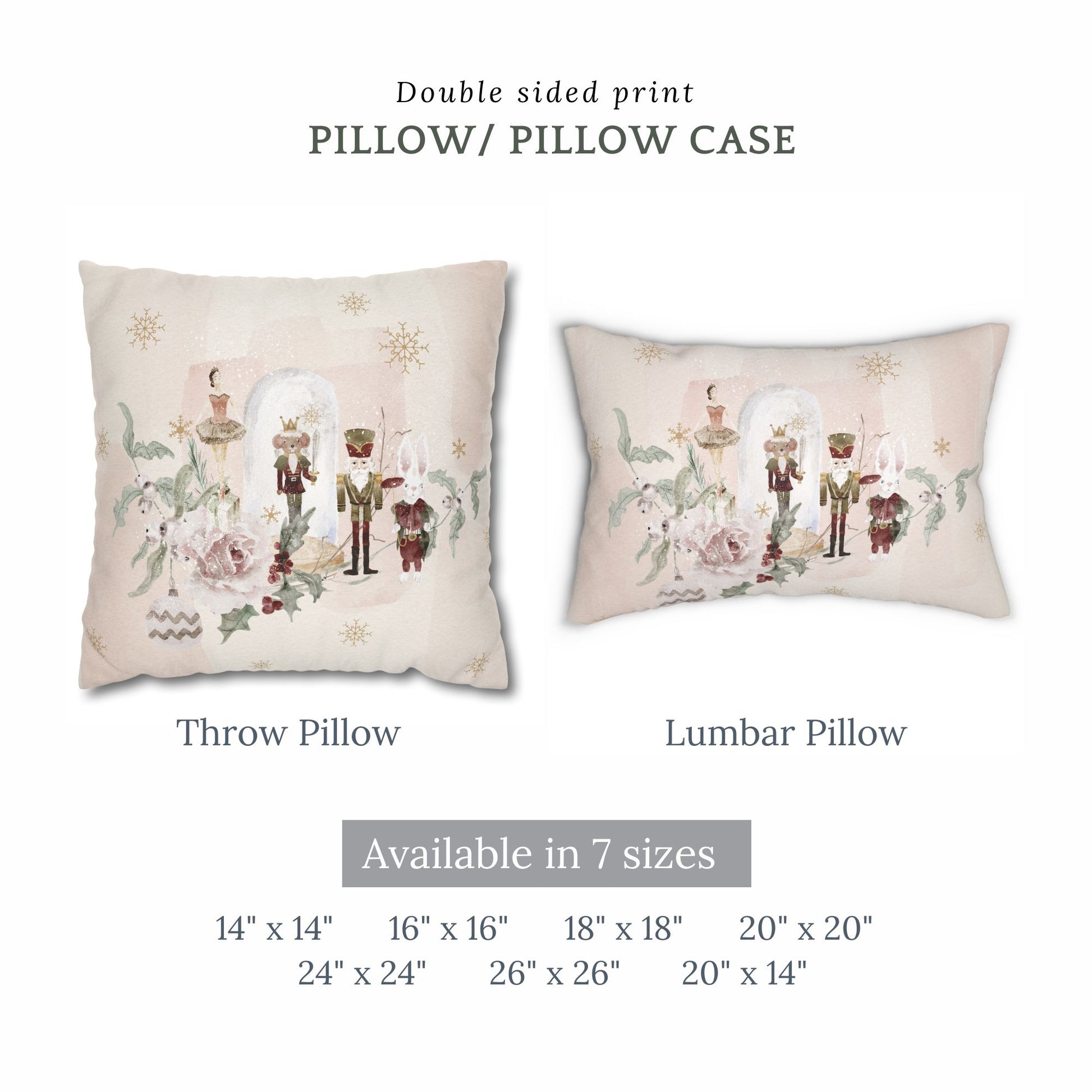 Nutcracker Christmas Pillow Cover showcasing double sided print design with throw and lumbar pillows in various sizes