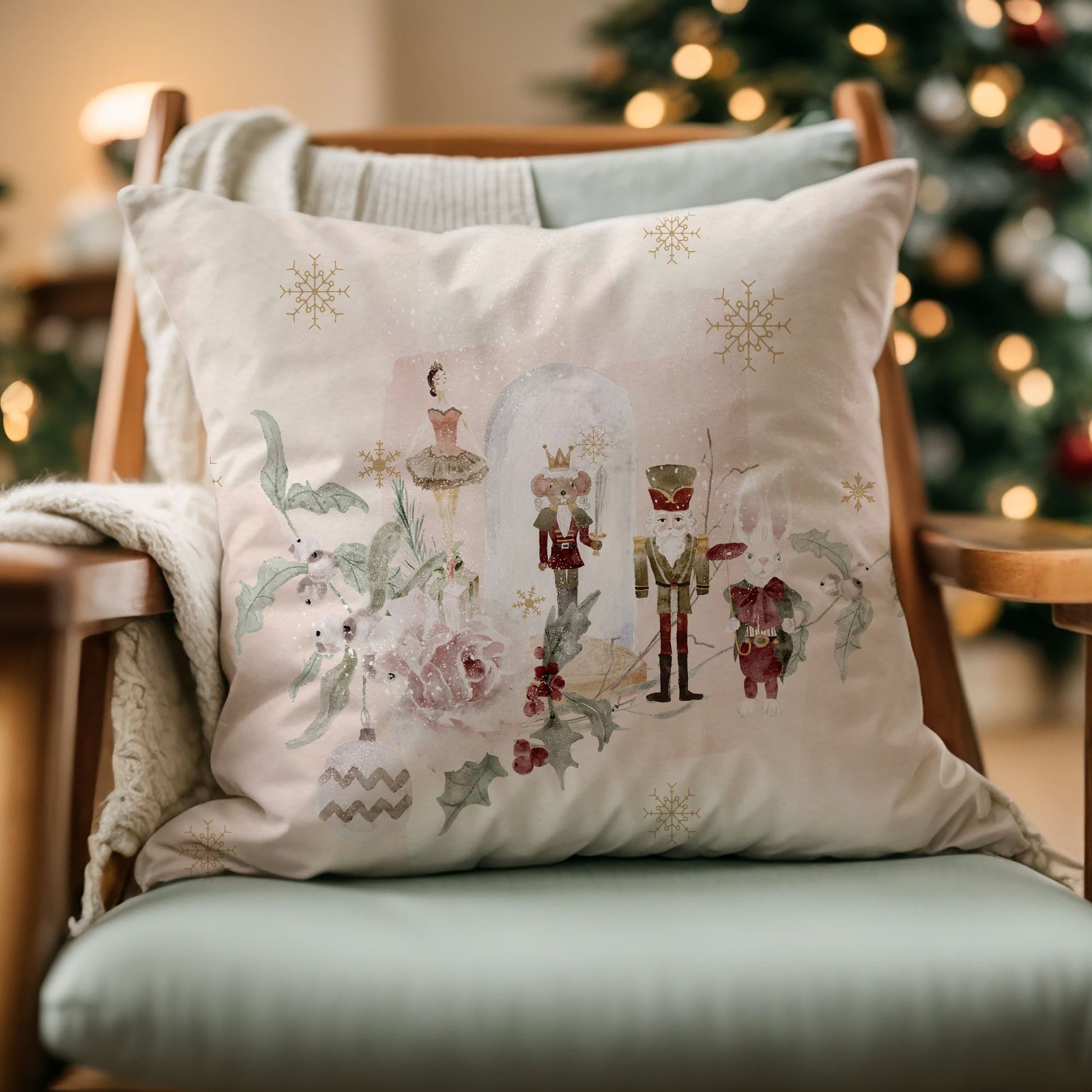 Watercolor Nutcracker PILLOW from Blue Water Songs on green sofa