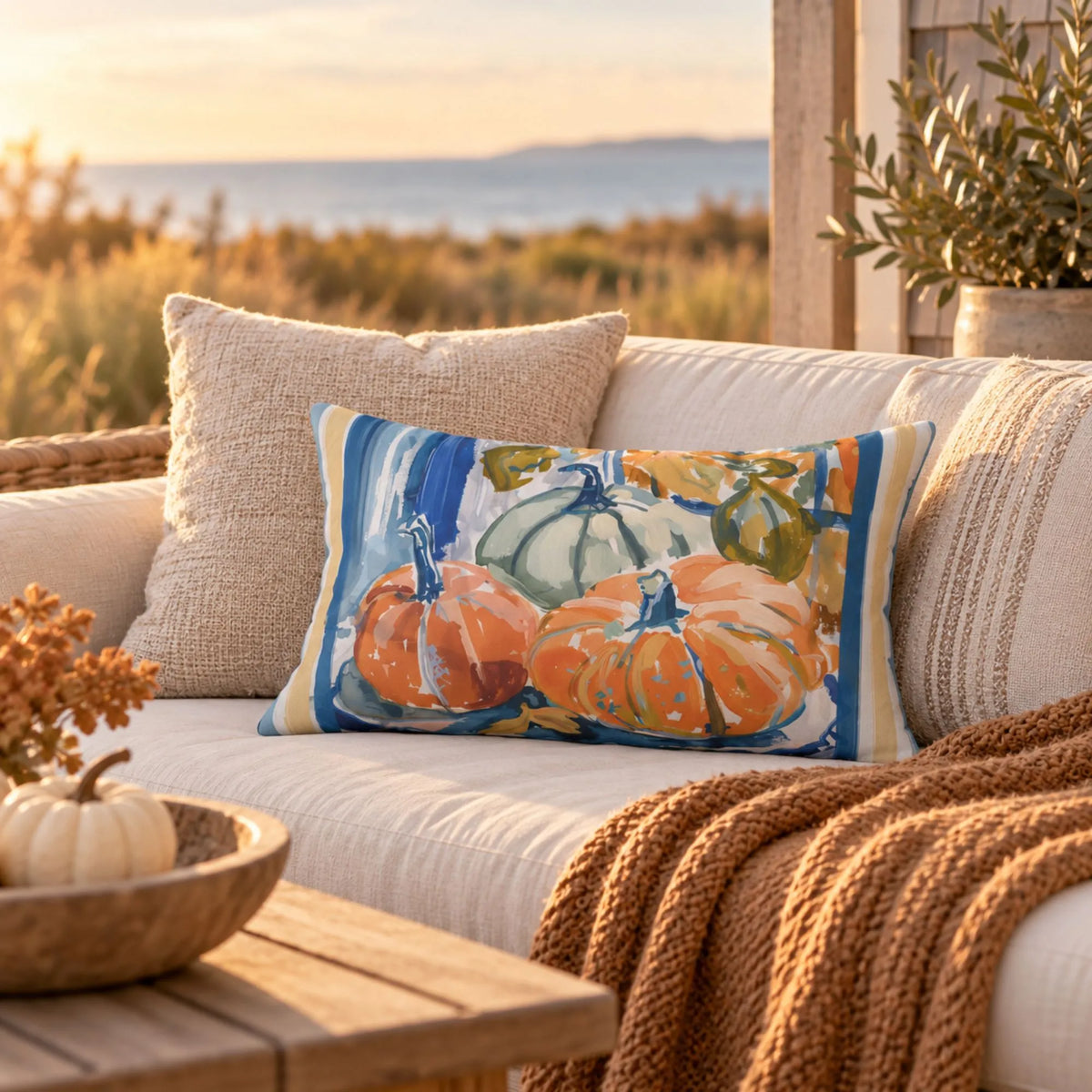 Blue and Orange Pumpkin OUTDOOR PILLOW | AUTUMN26PLW18