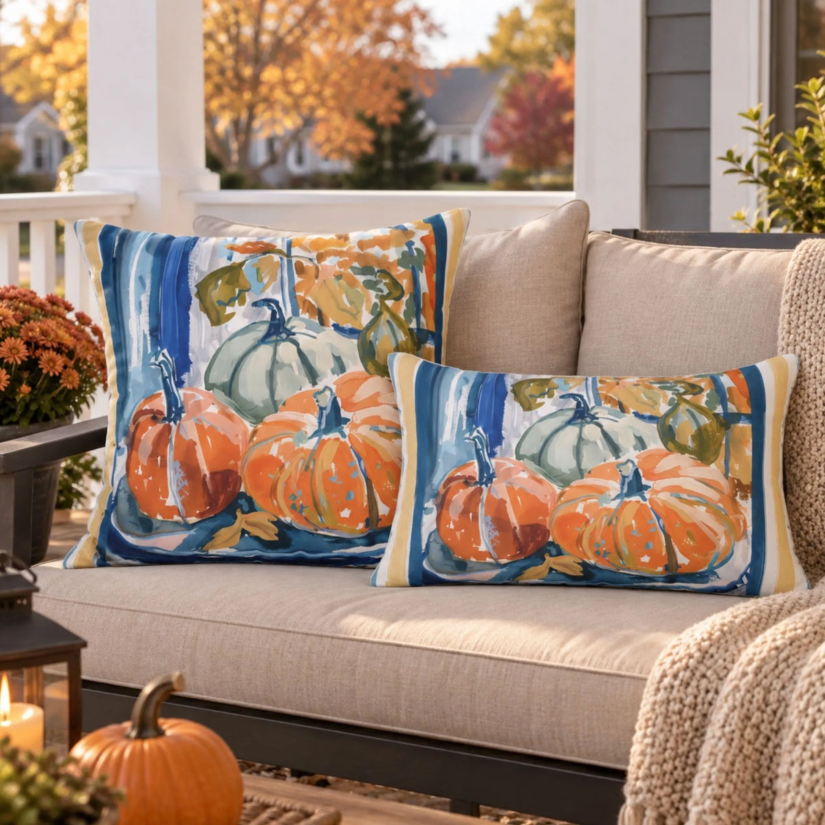 Blue and Orange Pumpkin OUTDOOR PILLOW | AUTUMN26PLW18
