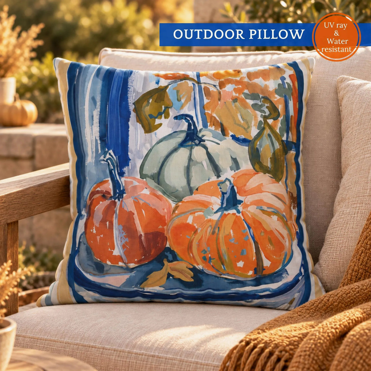 Blue and Orange Pumpkin OUTDOOR PILLOW | AUTUMN26PLW18