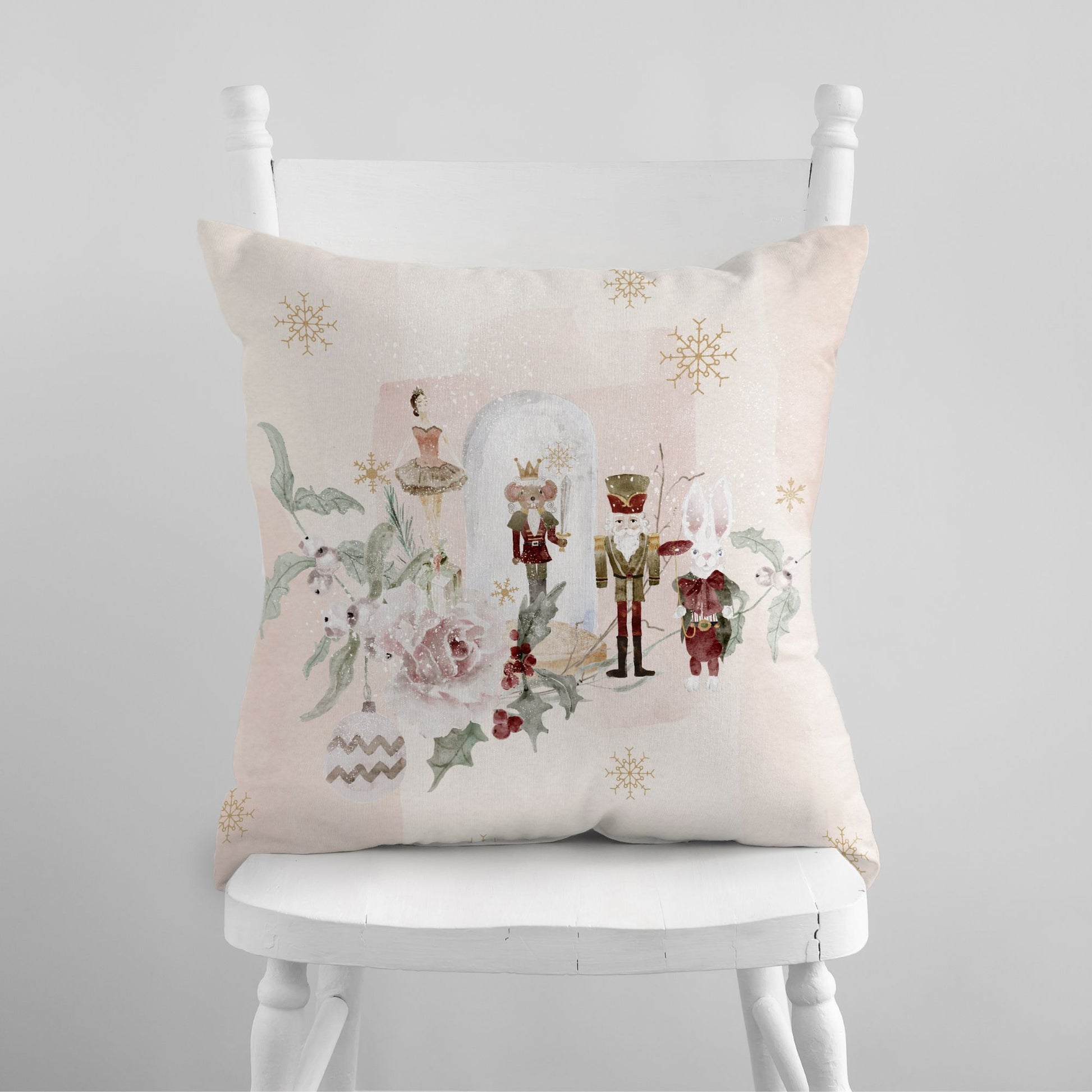 Nutcracker Christmas Pillow Cover with watercolor design featuring Nutcracker, ballerina, and holiday florals.