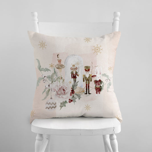 Nutcracker Christmas Pillow Cover with watercolor design featuring Nutcracker, ballerina, and holiday florals.