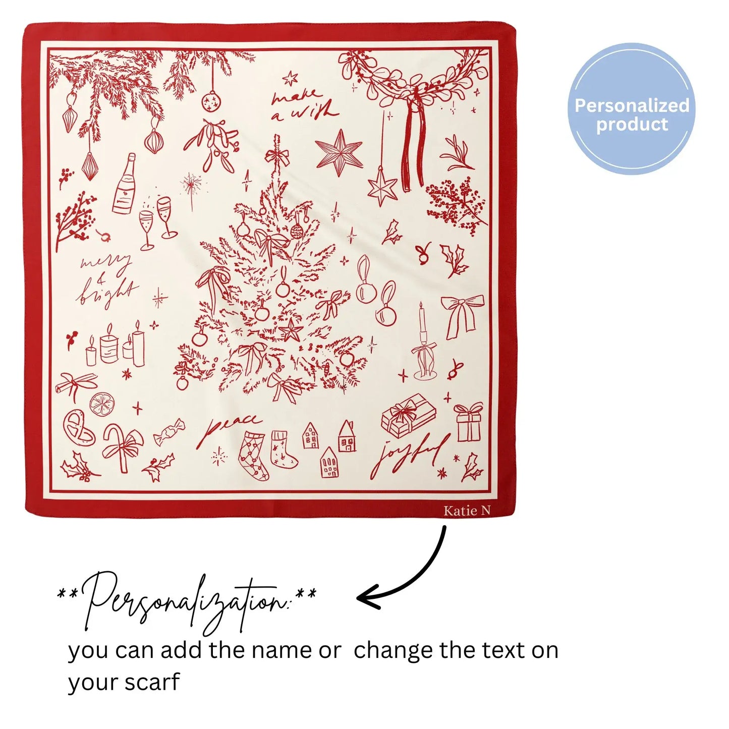 Personalized Christmas Silk Scarf “Make a Wish” with red hand-drawn festive design and custom name text option.