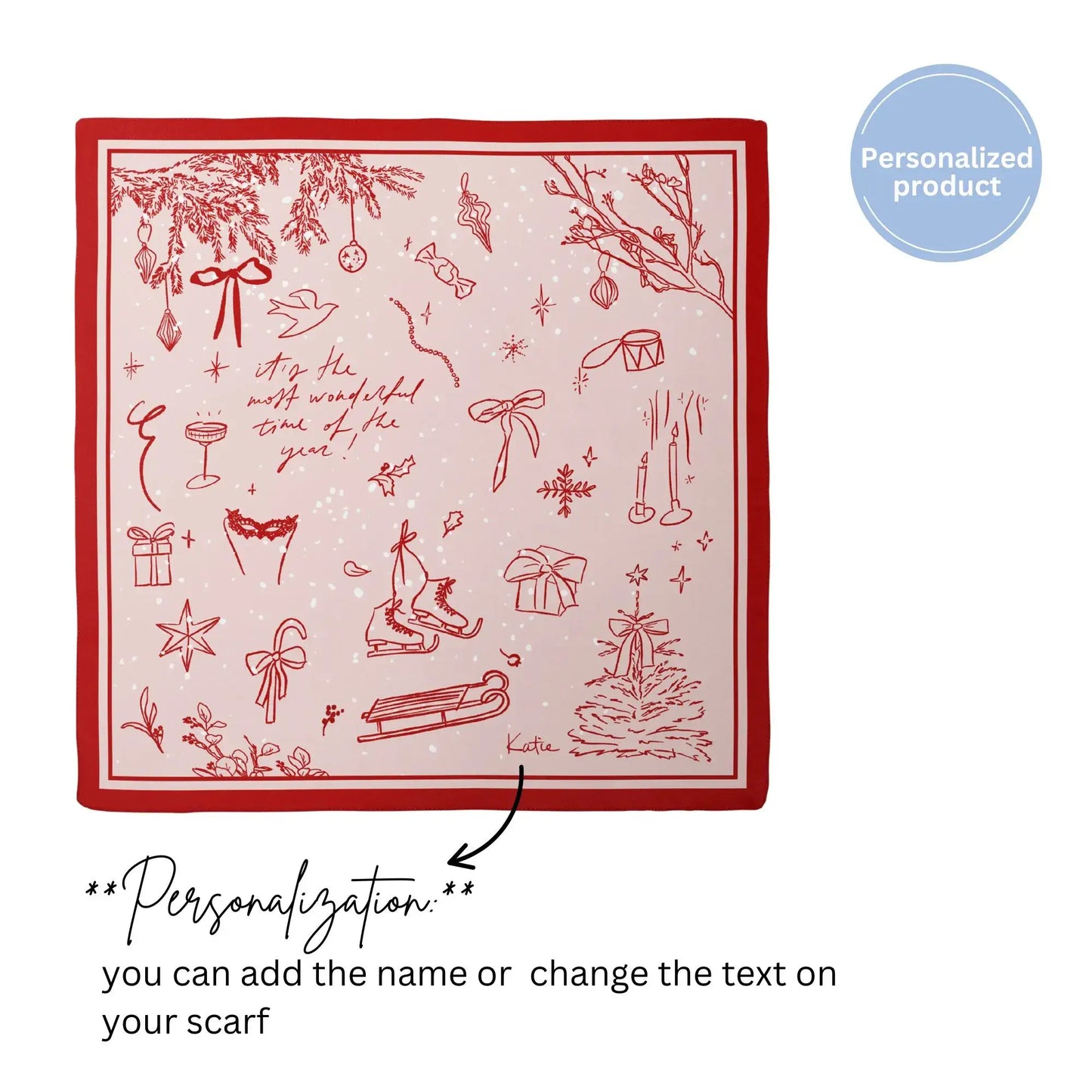 Personalized Hand-Drawn Doodle Christmas Scarf with “The Most Wonderful Time” design and custom name option.