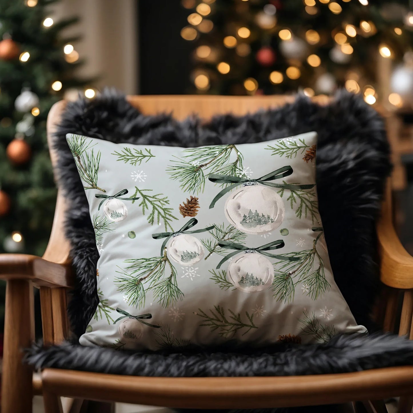 Watercolor pine ornament Christmas pillow on cozy chair – festive holiday decor with tree lights in background