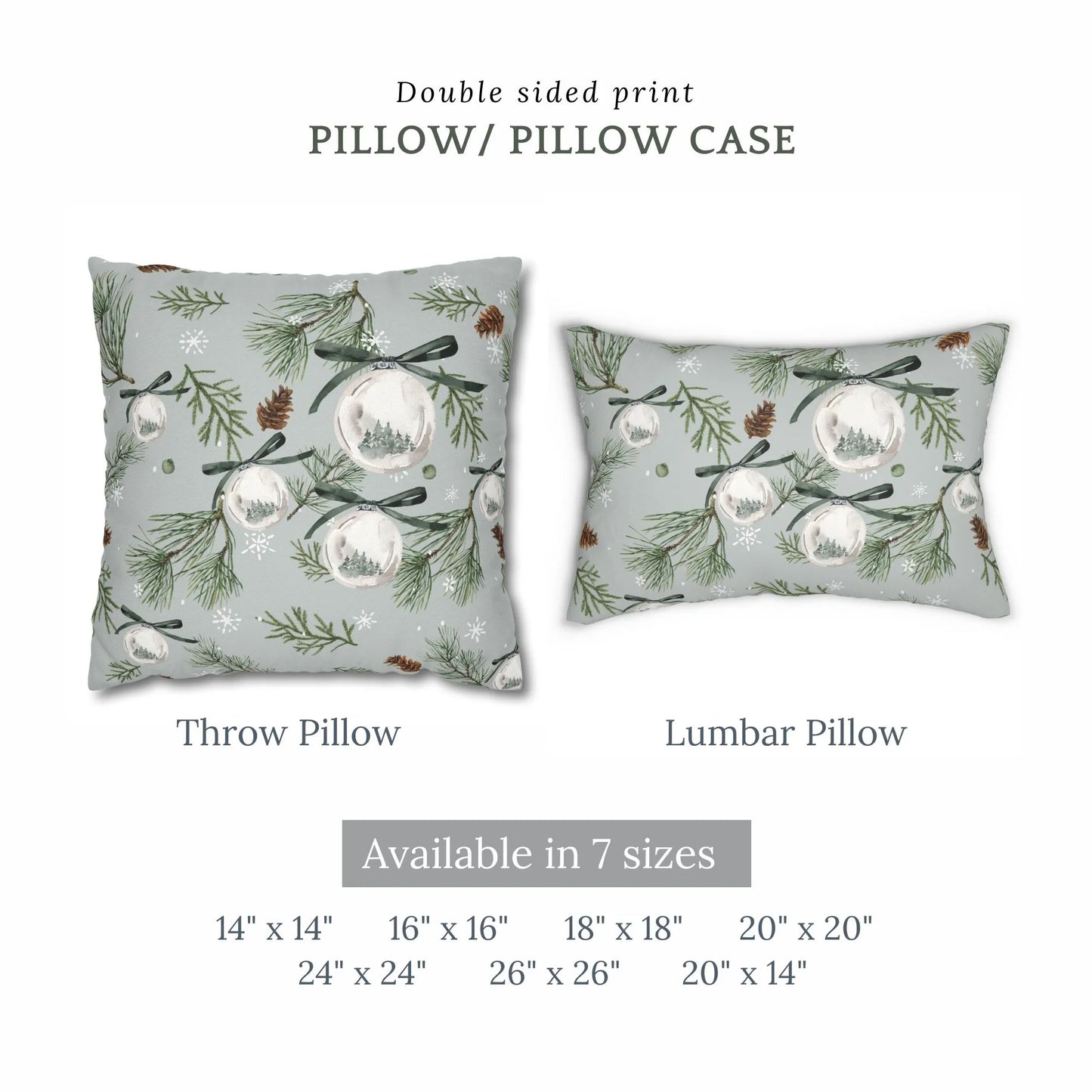 Watercolor pine Christmas pillows in throw and lumbar styles – double-sided print, available in 7 sizes