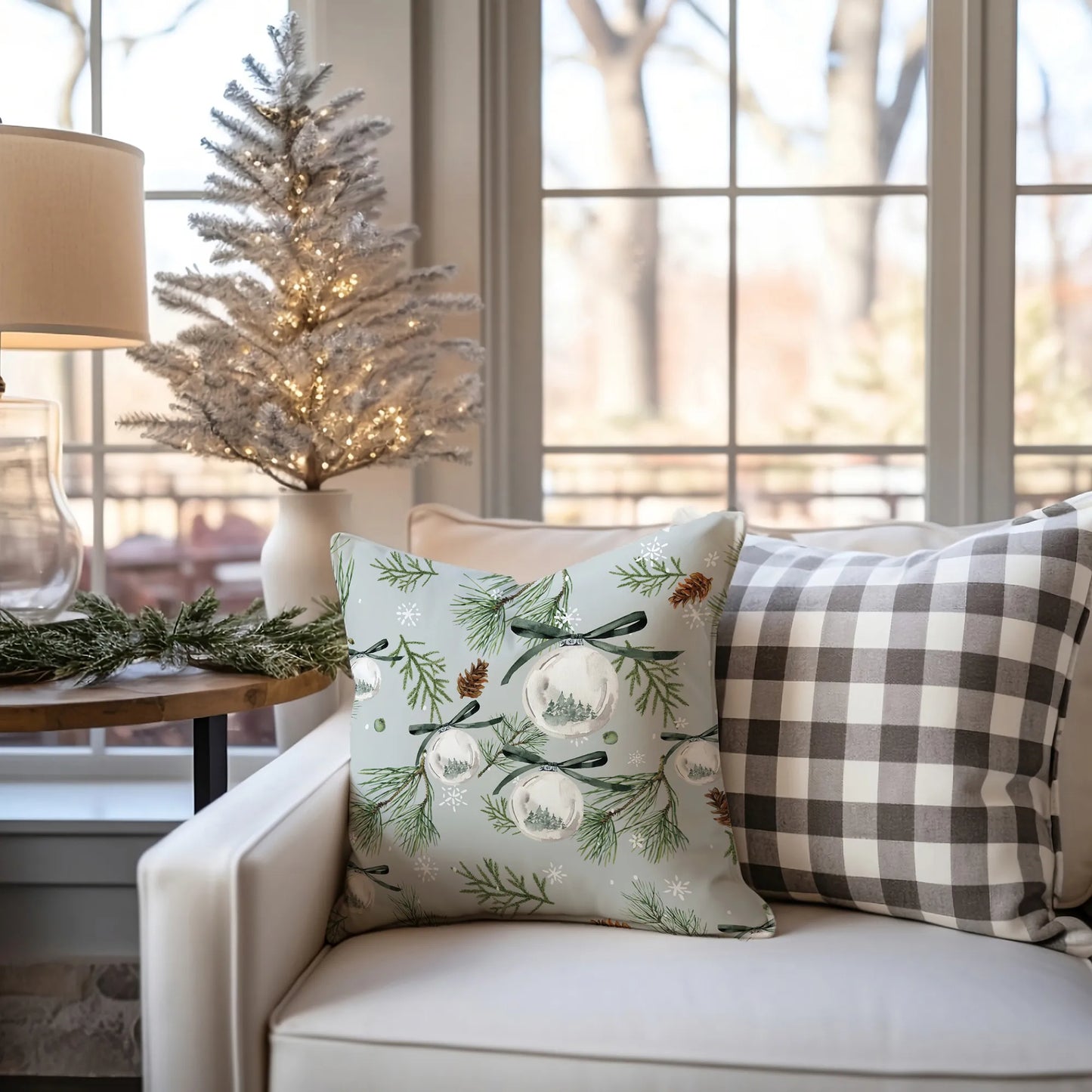 Watercolor pine Christmas pillow on white sofa with checkered cushion – cozy modern farmhouse holiday decor
