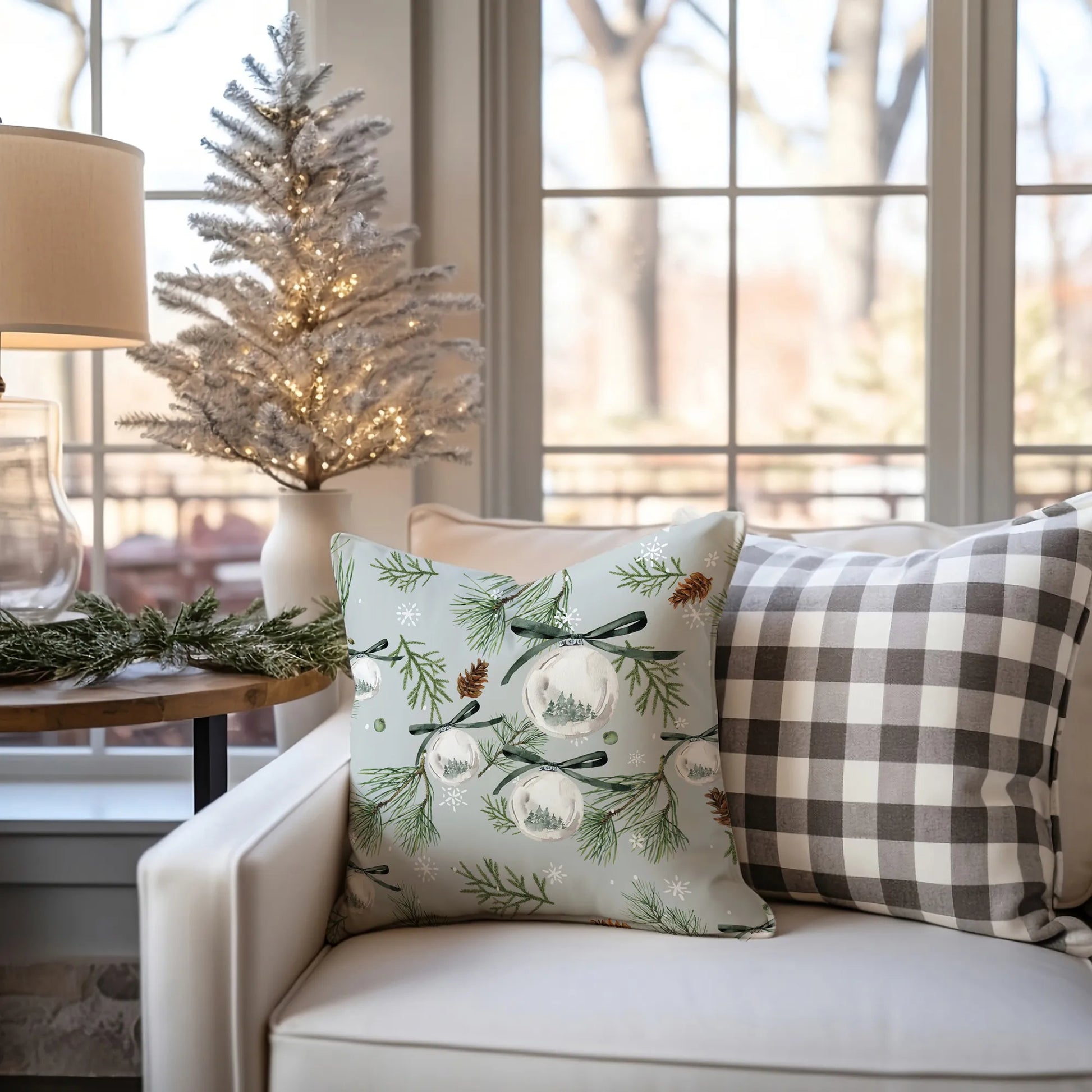 Watercolor pine Christmas pillow on white sofa with checkered cushion – cozy modern farmhouse holiday decor