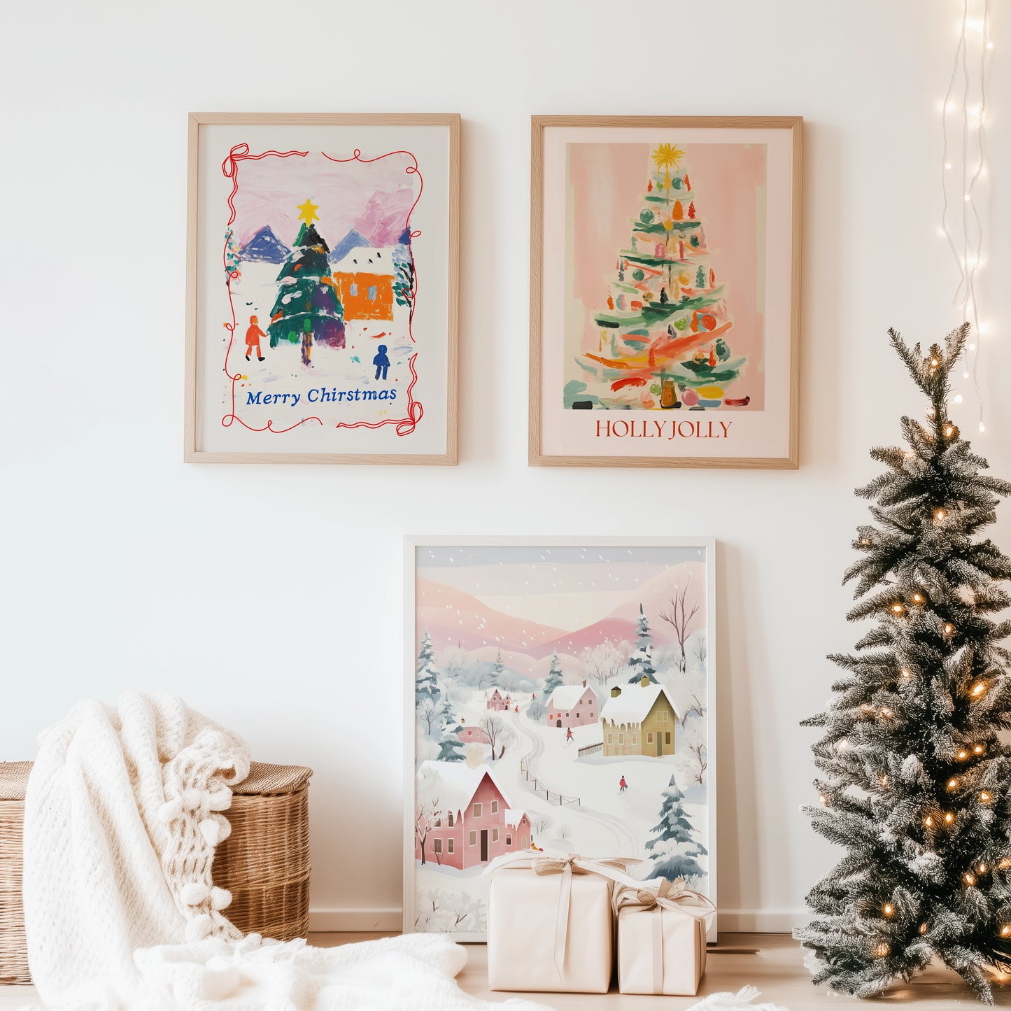 Cozy holiday room with pink Christmas prints – seasonal digital artwork