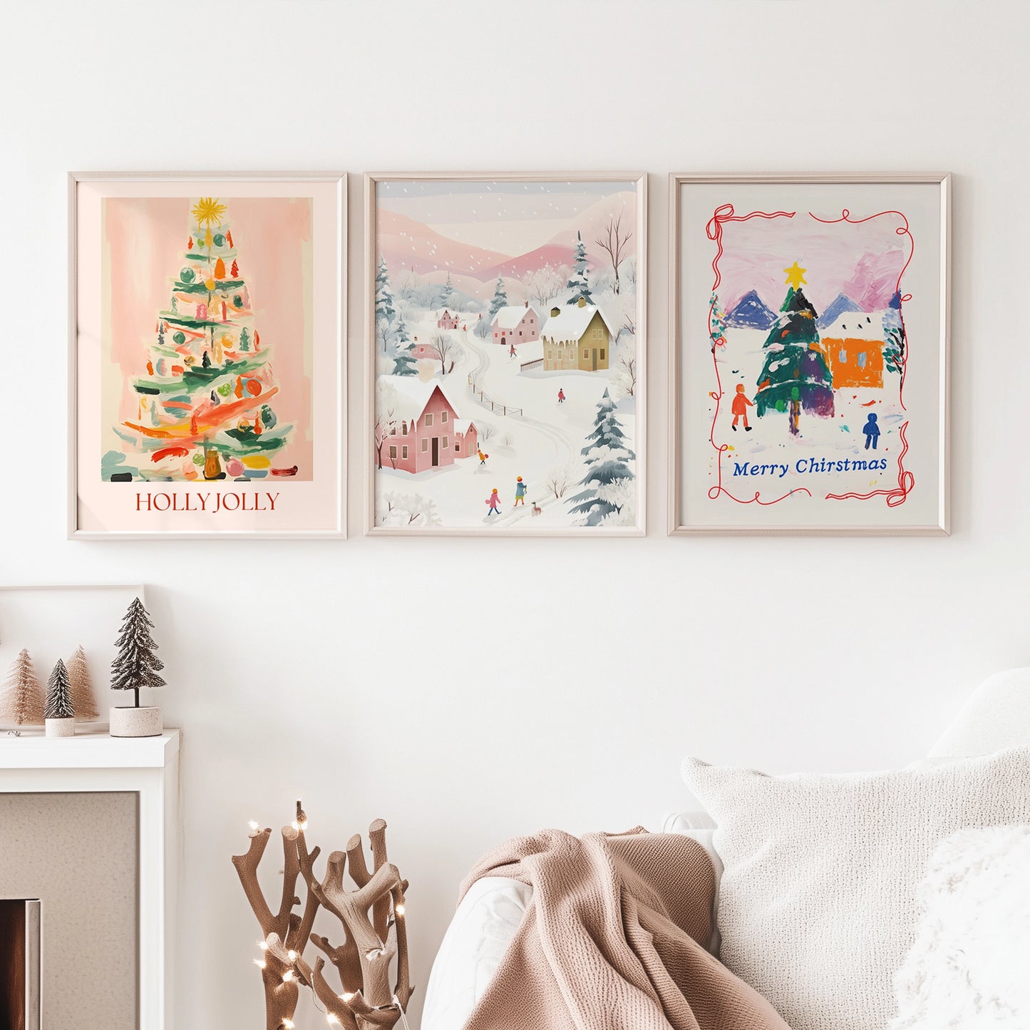 Pink Christmas prints set of 3 – Holly Jolly tree, snowy village, and Merry Christmas wall art