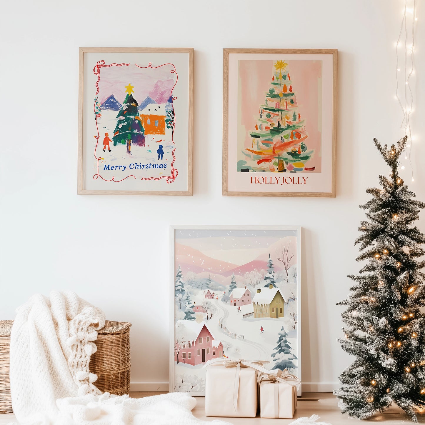 Pink Christmas prints set of 3 framed – Merry Christmas, Holly Jolly, and winter village wall art digital downloads