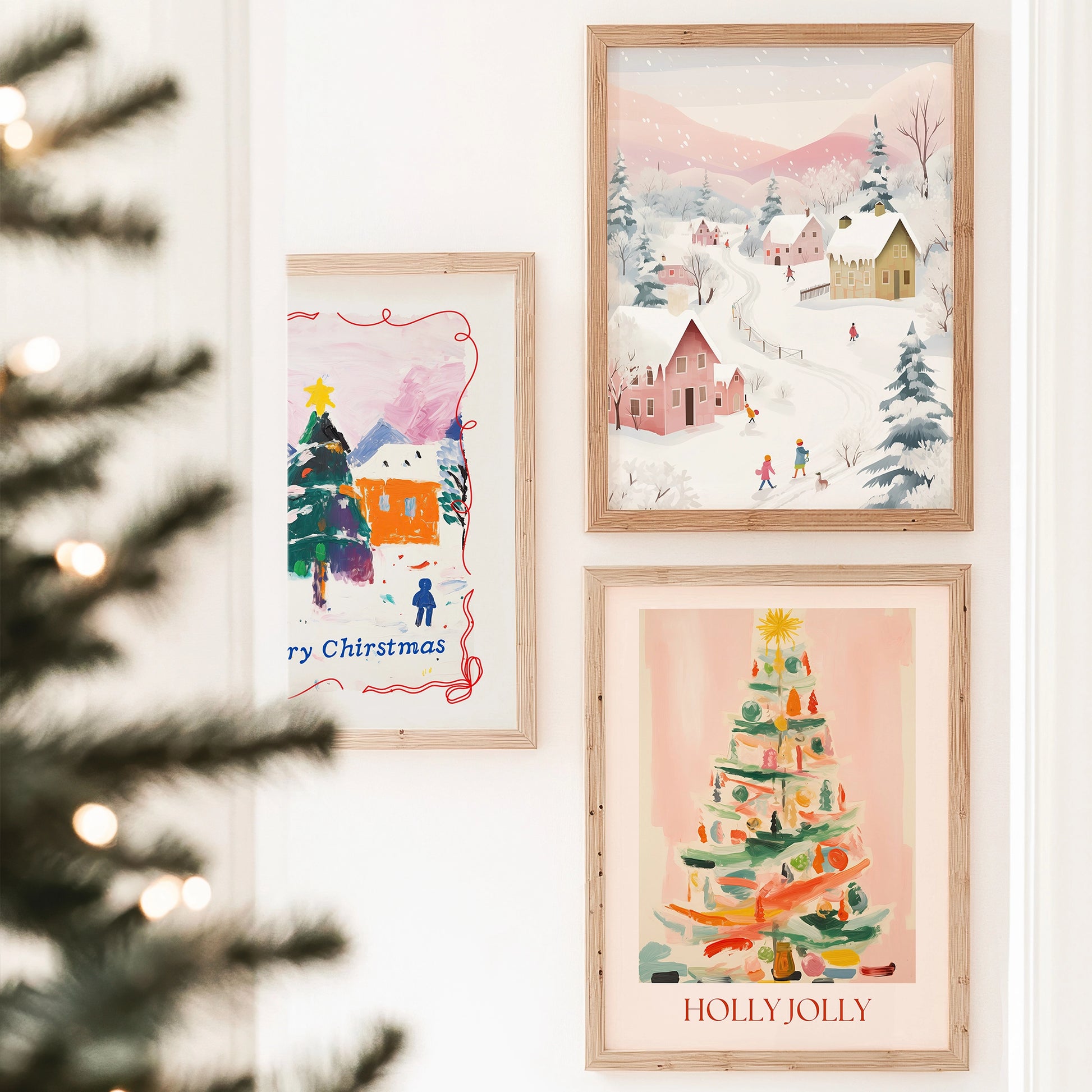 Festive holiday wall art – pastel pink Christmas prints set of 3 digital downloads