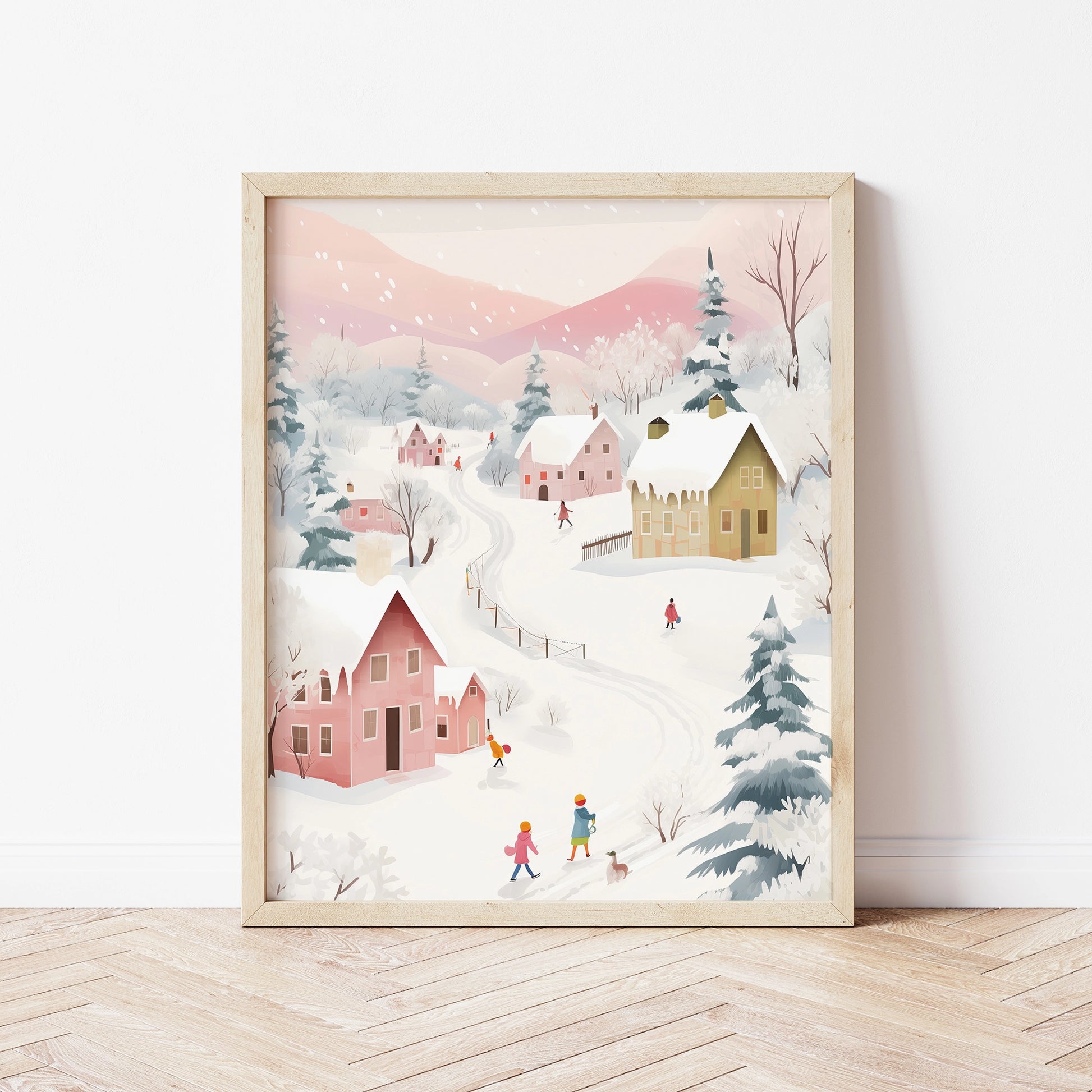 Pink Christmas village art print – snowy holiday wall decor digital download