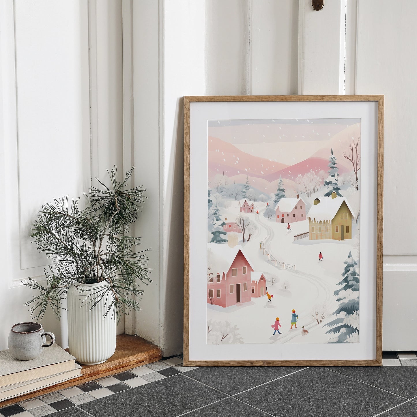 Pink Christmas village art print framed – snowy holiday digital wall decor download
