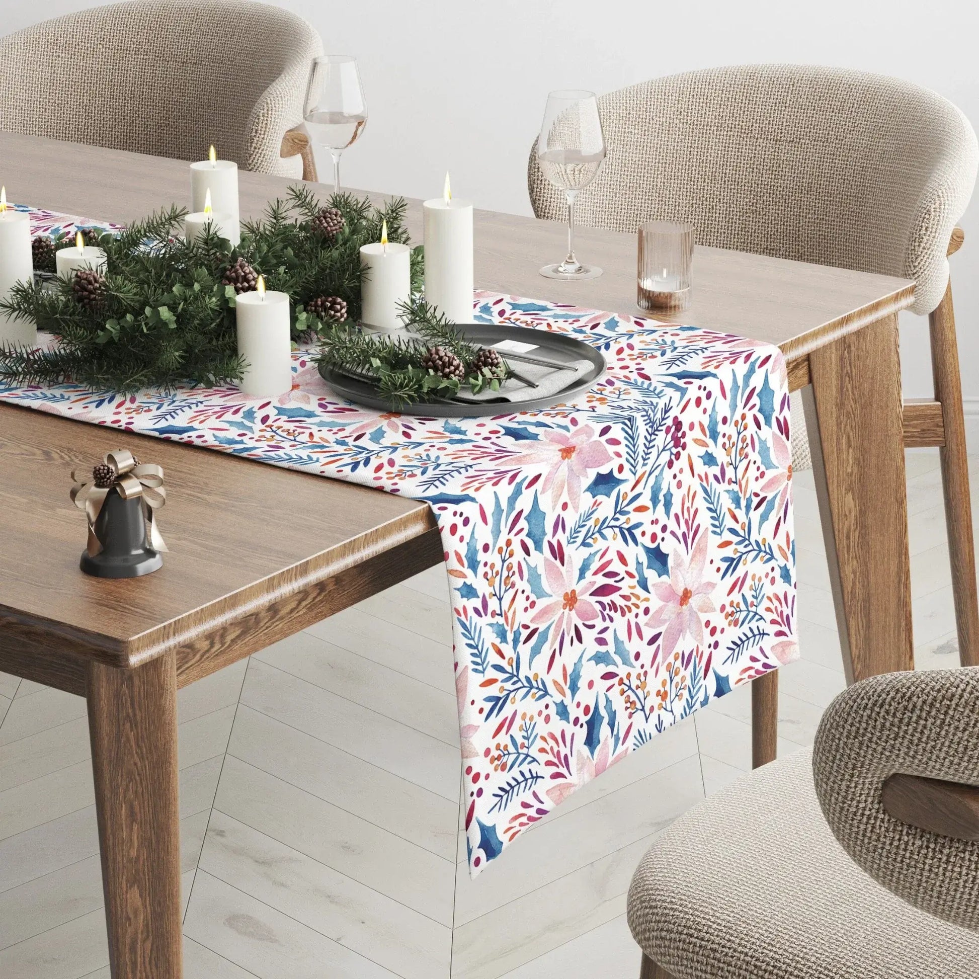 Pink Poinsettia Winter Table Runner displayed on a dining table with candles and greenery, perfect for festive decor.