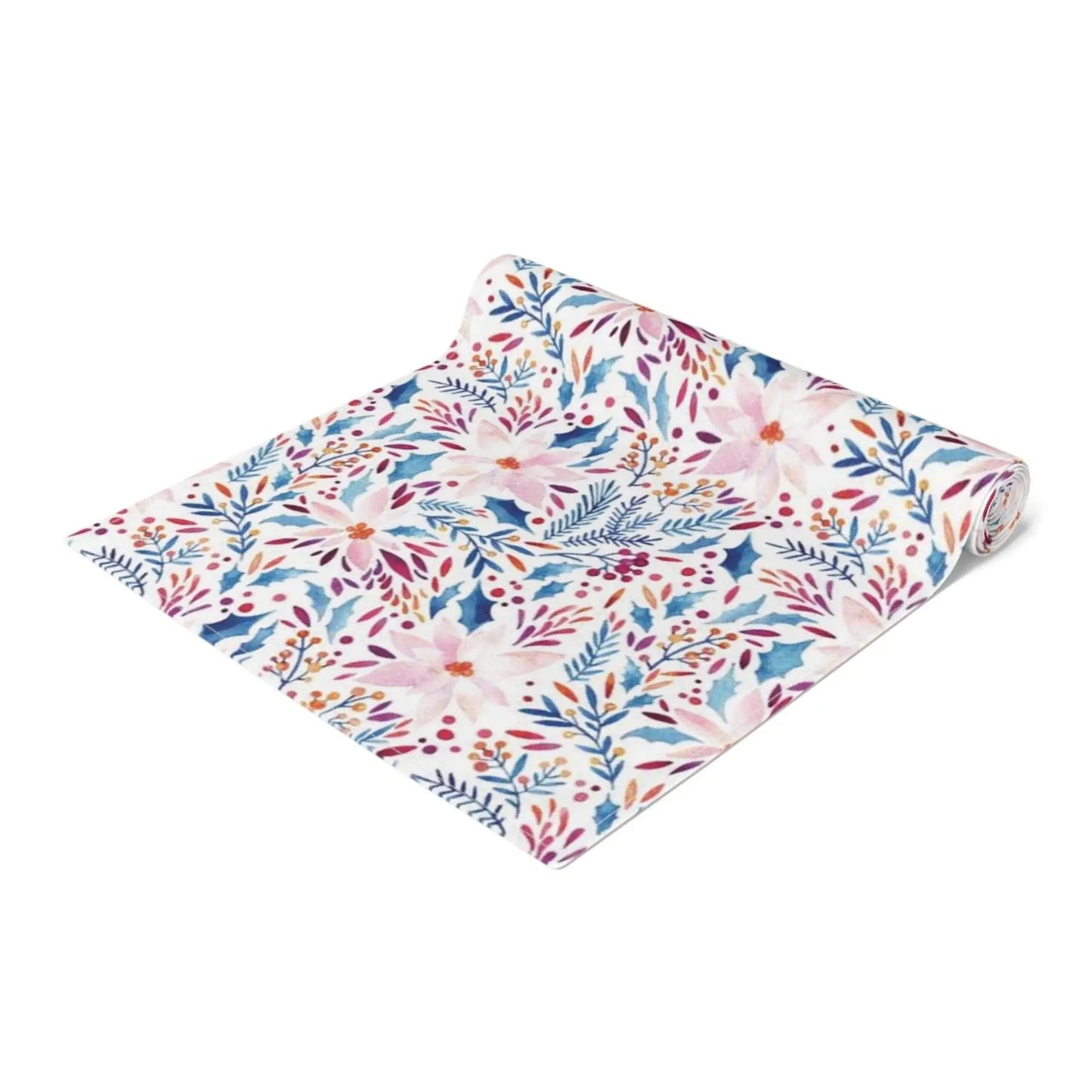 Pink Poinsettia Winter Table Runner featuring vibrant floral patterns in pink, blue, and green on a white background.