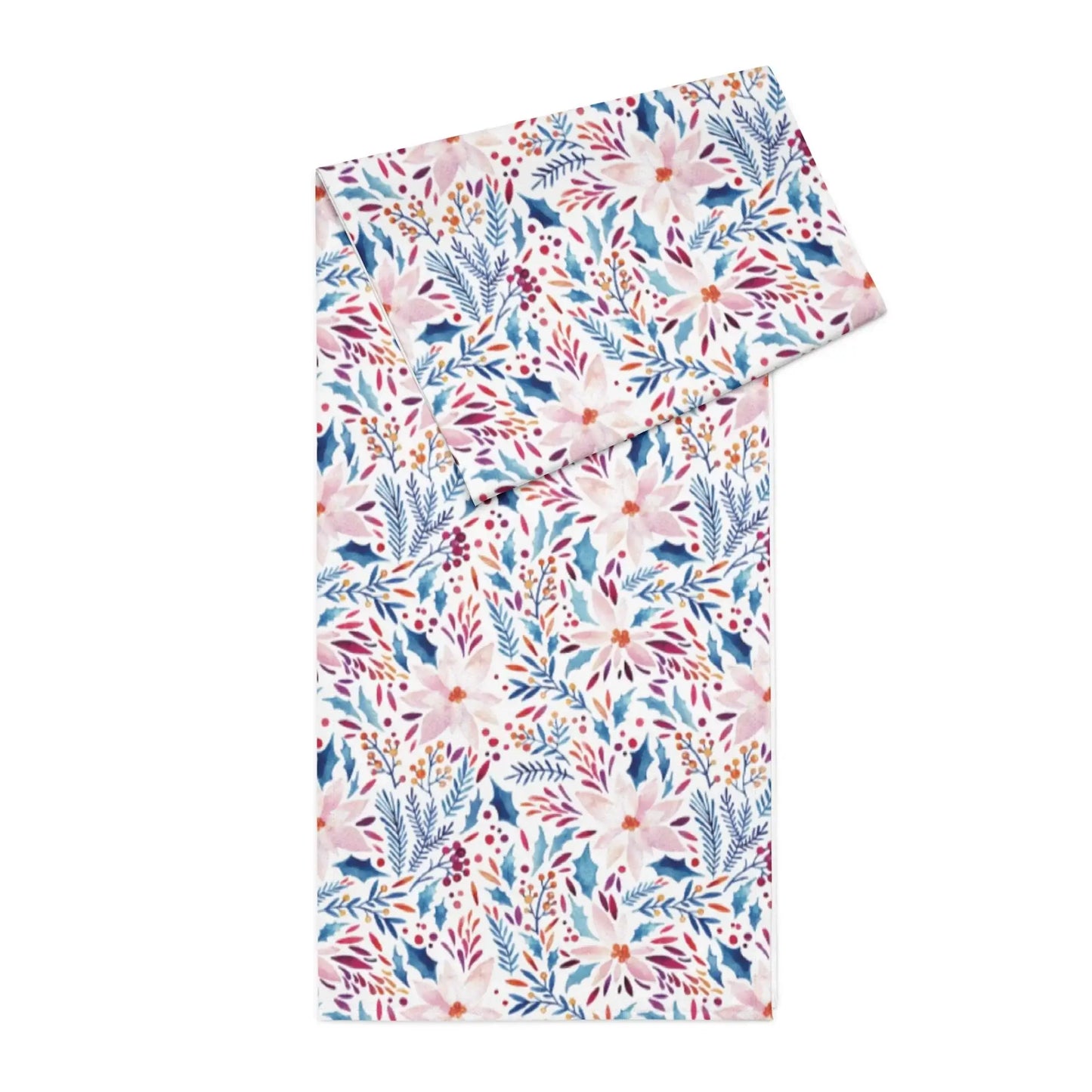 Pink Poinsettia Winter Table Runner featuring vibrant floral patterns in pink, blue, and green.