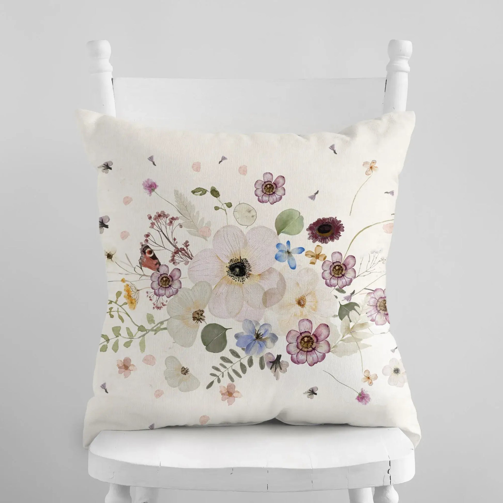 Pressed Flowers spring PILLOW with delicate watercolor florals on a soft background, perfect for spring home decor.