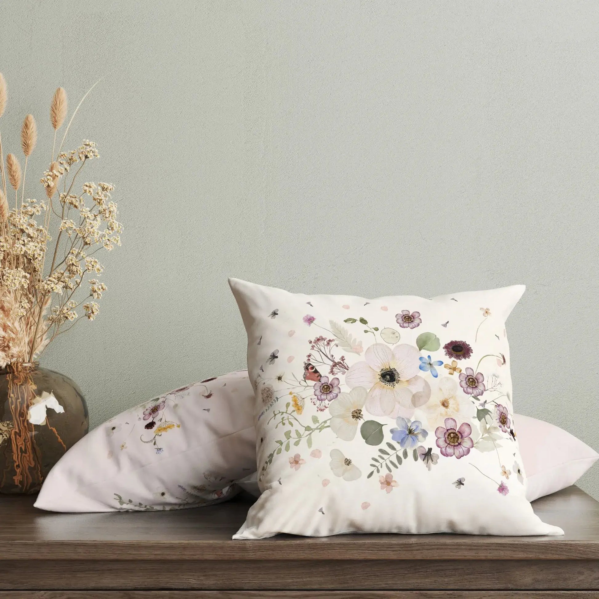 Pressed Flowers spring PILLOW & COVER with soft watercolor floral design on a neutral background.