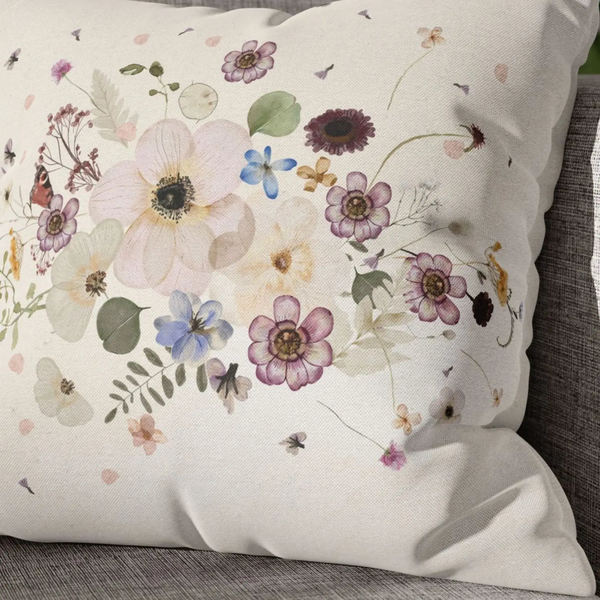 Pressed Flowers spring PILLOW featuring watercolor florals and greenery on a soft cushion.
