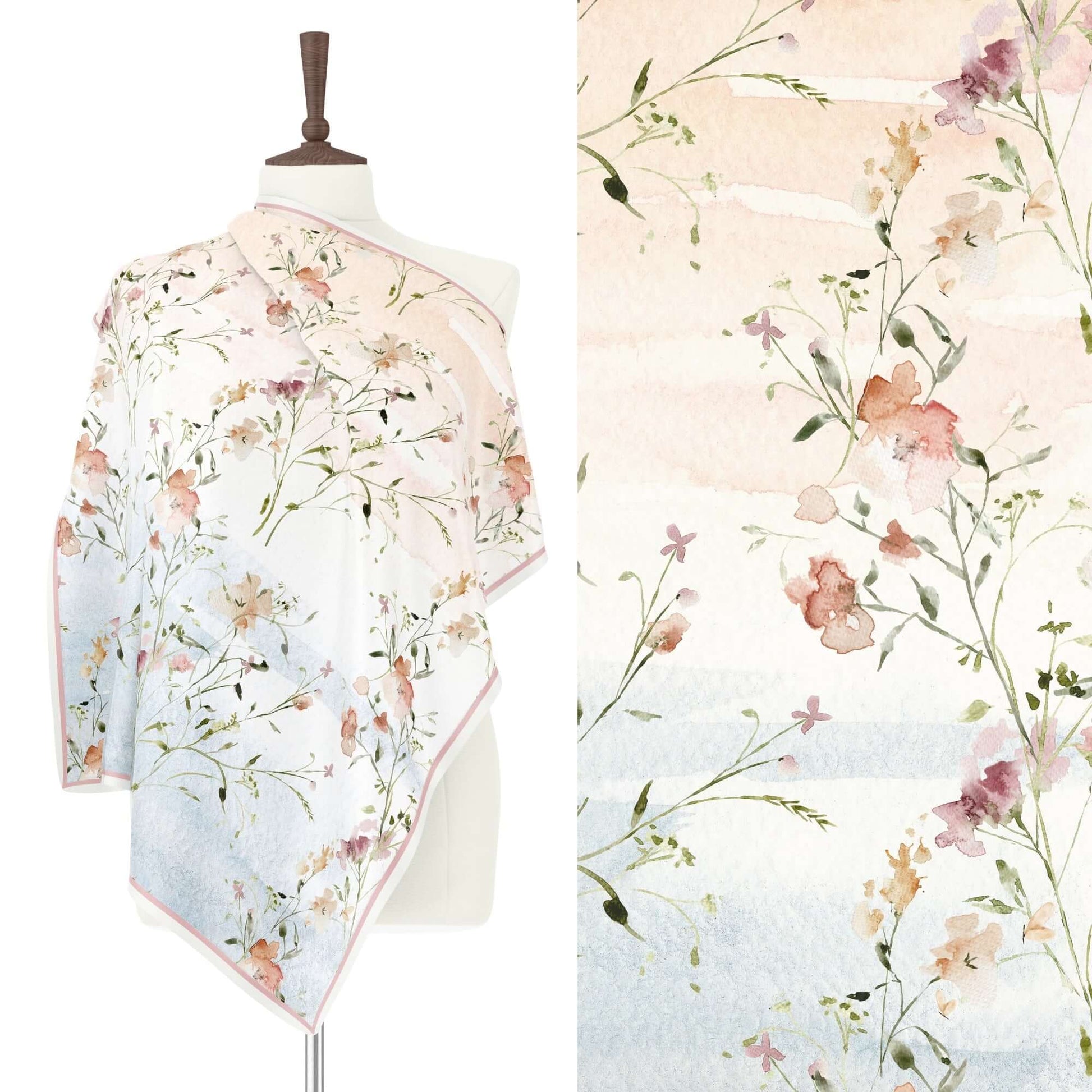 watercolor floral silk scarf from Blue Water Songs wrapping around mannequin 