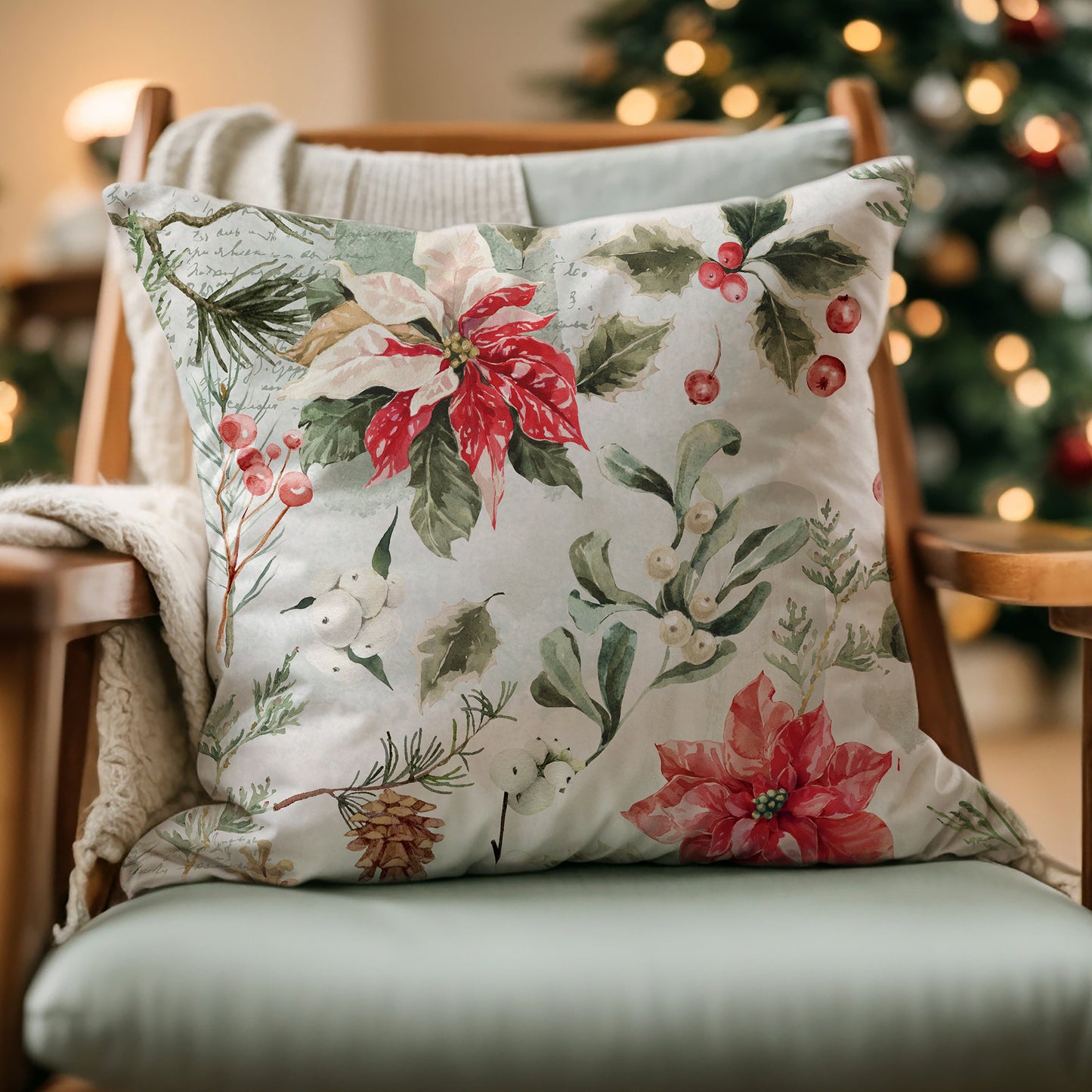 Festive poinsettia Christmas pillow on chair with holly, berries, and pine