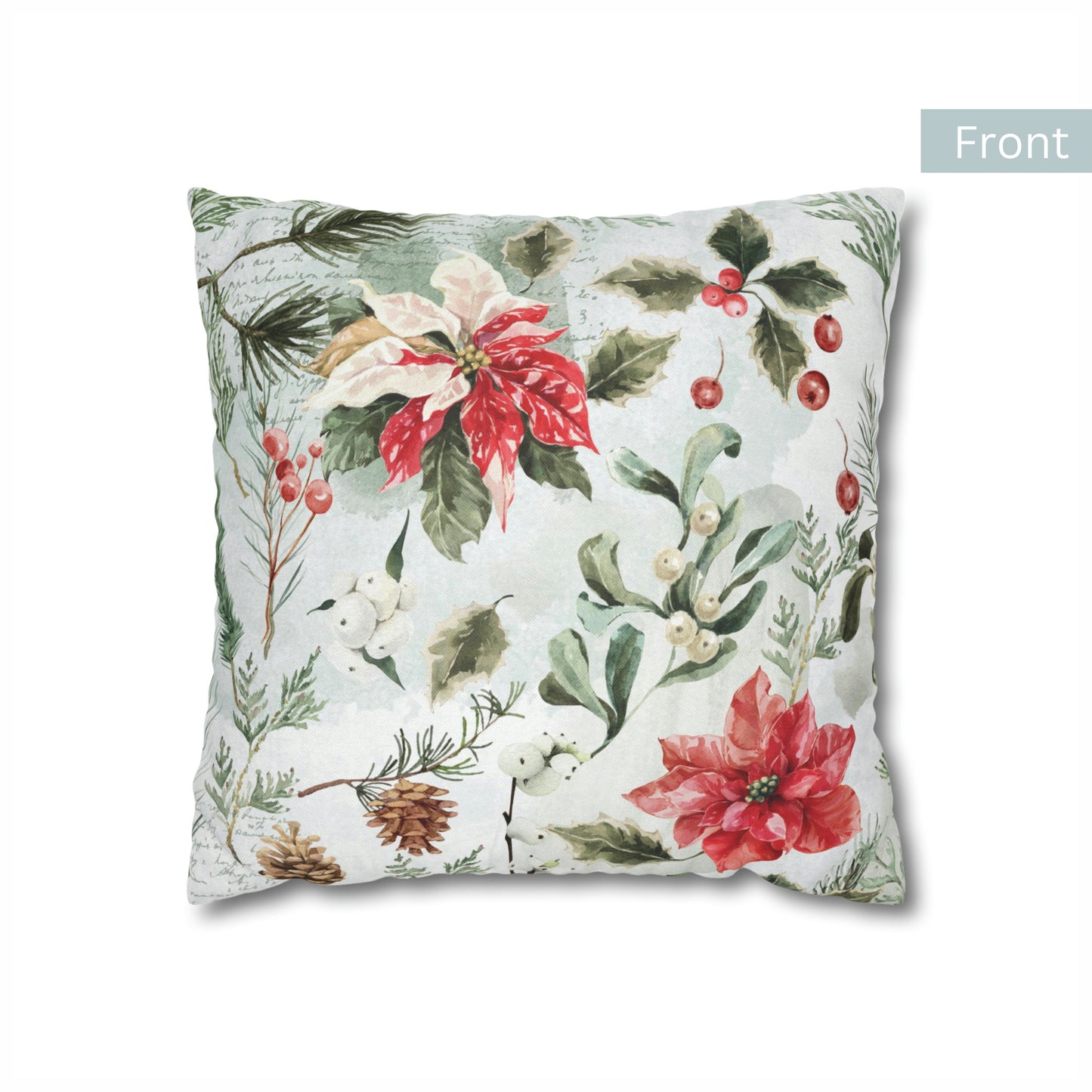 Front view of poinsettia winter botanical Christmas pillow with holly, berries, and pinecones