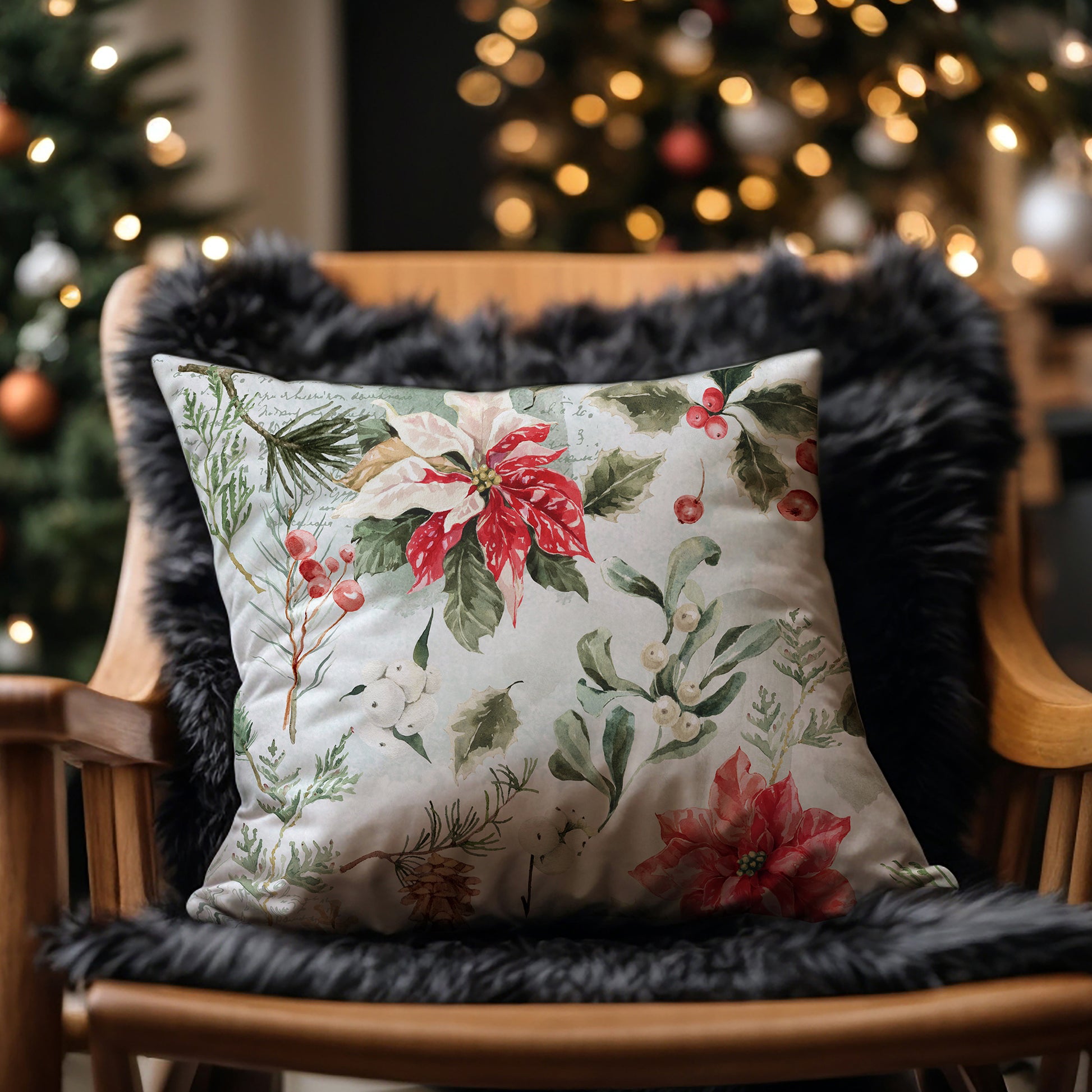 Christmas pillow with poinsettia and holly on cozy chair with holiday tree lights