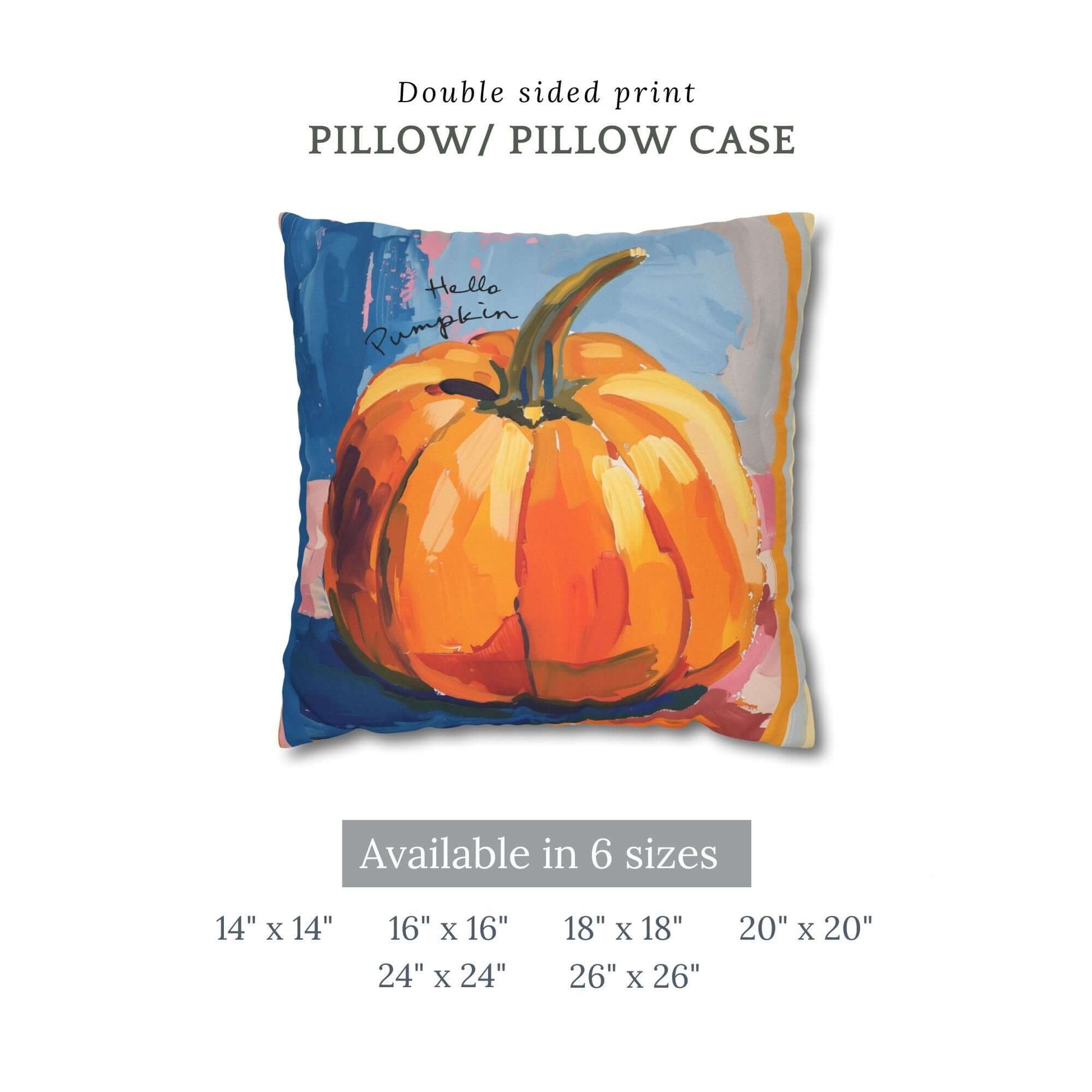 Pumpkin pillow cover fall decor with vibrant watercolor illustration of pumpkins, available in multiple sizes.
