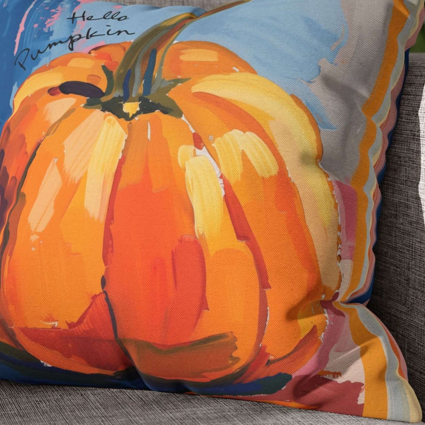 Pumpkin pillow cover fall decor with vibrant watercolor pumpkin design, perfect for autumn farmhouse Thanksgiving styling.