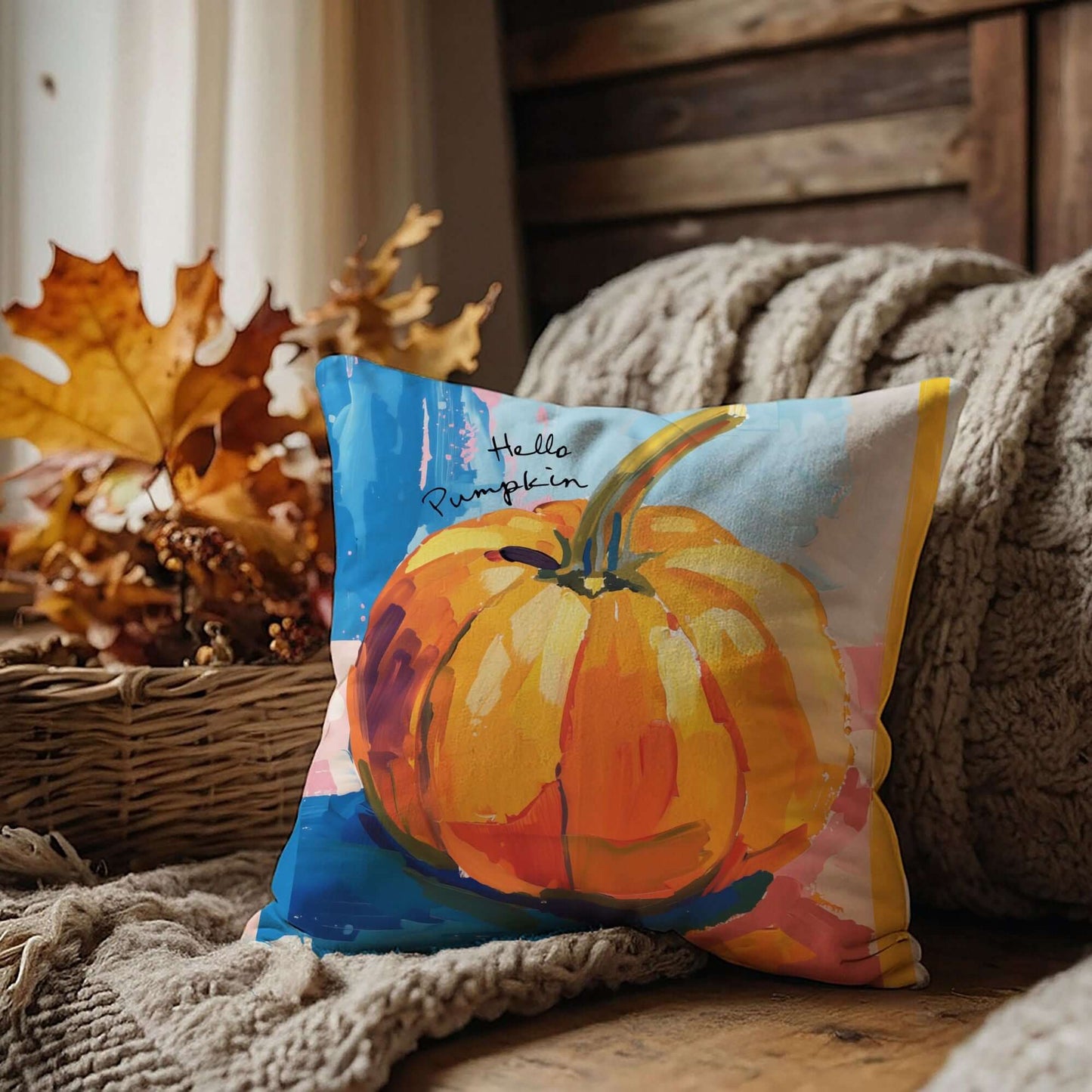 Pumpkin pillow cover fall decor featuring vibrant watercolor pumpkin illustration, perfect for autumn and Thanksgiving.
