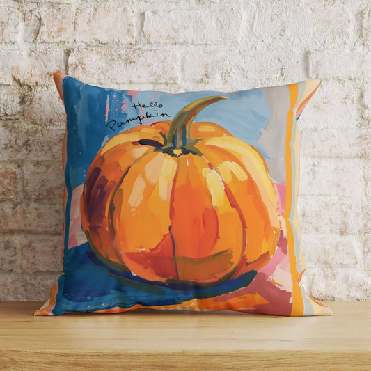 Pumpkin pillow cover fall decor with vibrant watercolor illustration of pumpkin, perfect for Thanksgiving home accents.