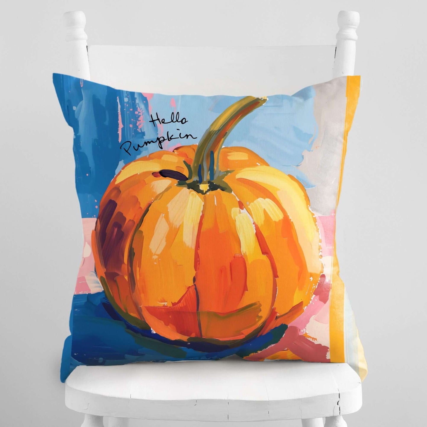 Pumpkin pillow cover fall decor featuring a vibrant watercolor pumpkin illustration, perfect for autumn home style.
