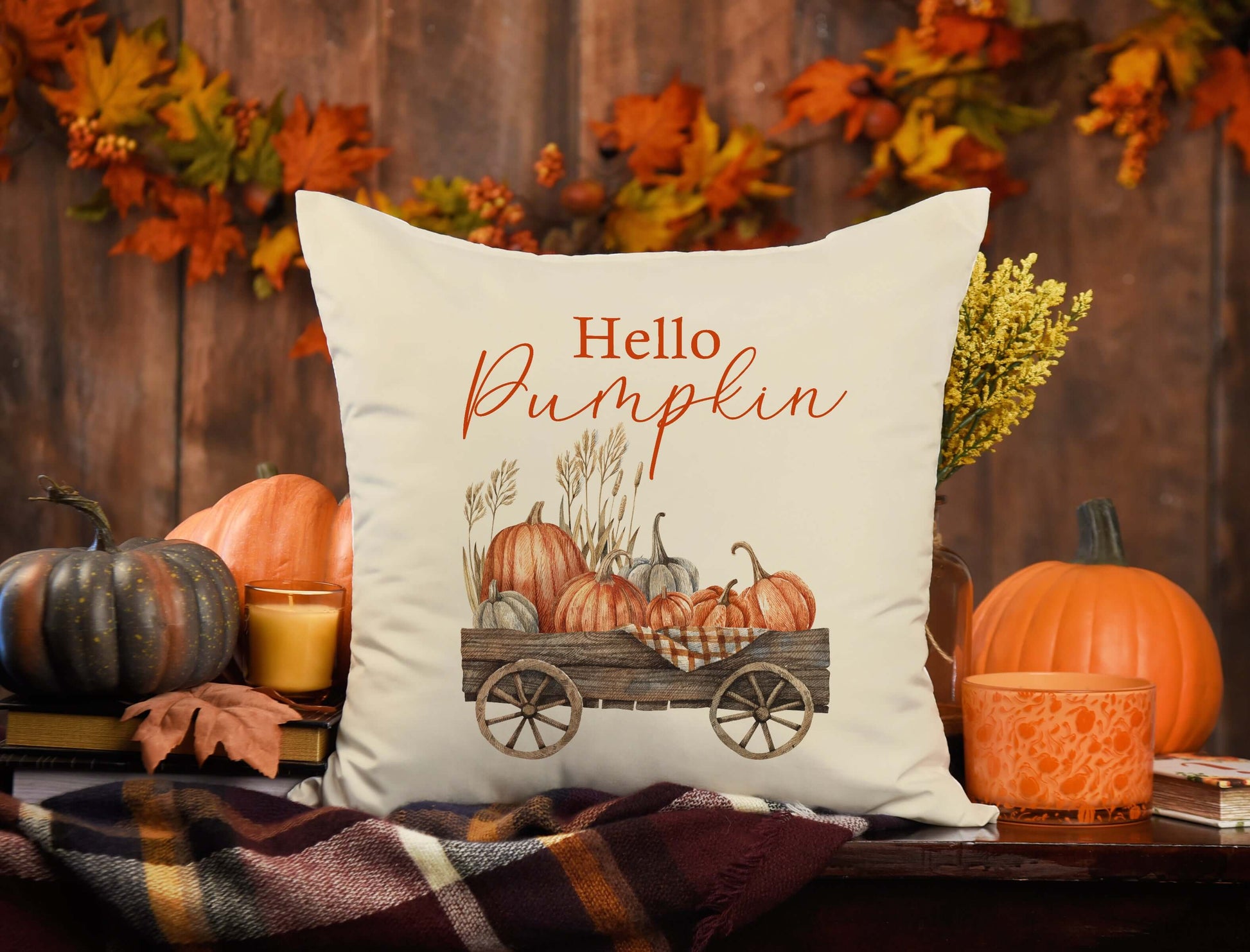 Pumpkin pillow cover featuring watercolor pumpkins and the phrase 'Hello Pumpkin' for cozy autumn decor.
