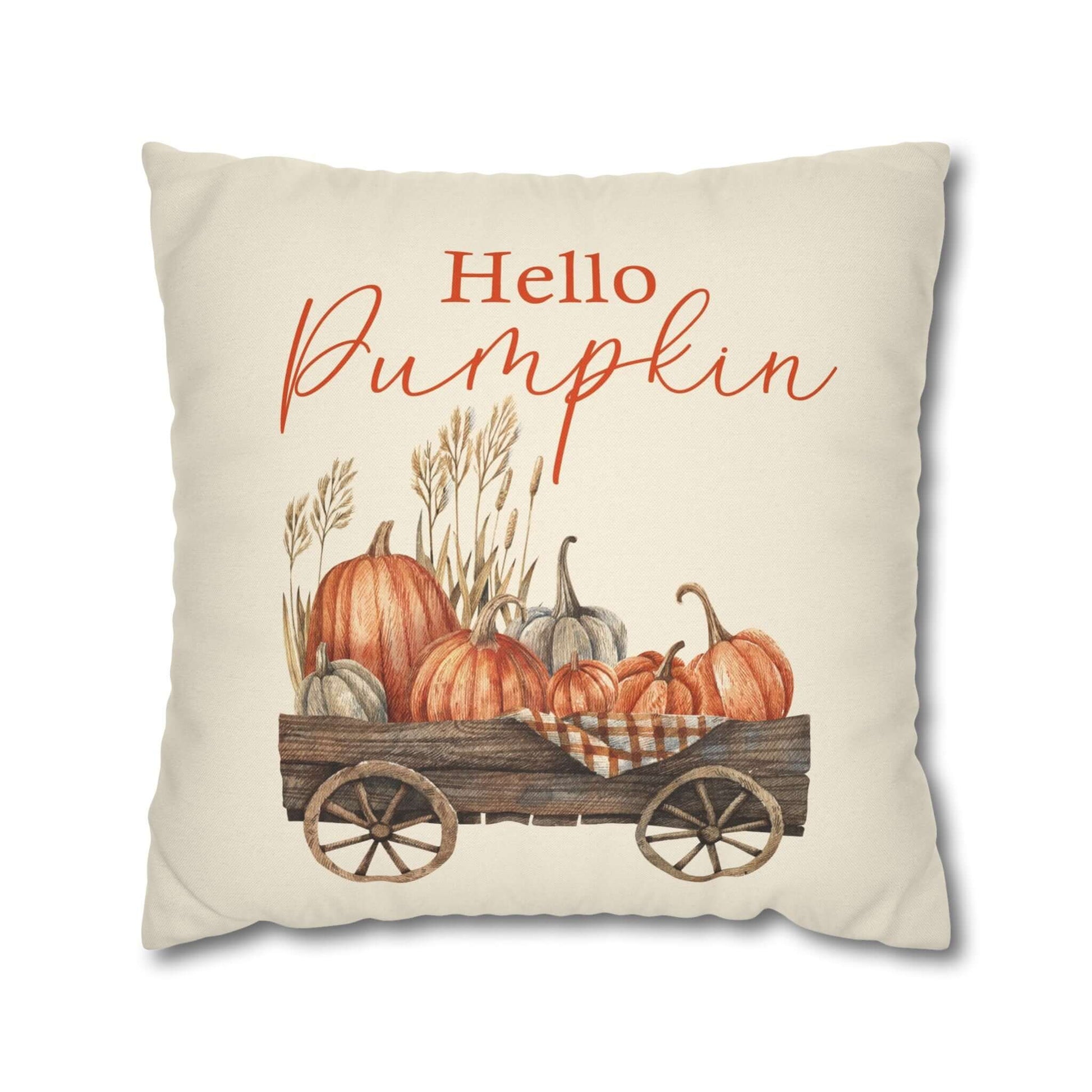 Pumpkin pillow cover with a watercolor design featuring pumpkins and the text 'Hello Pumpkin' for cozy fall decor.