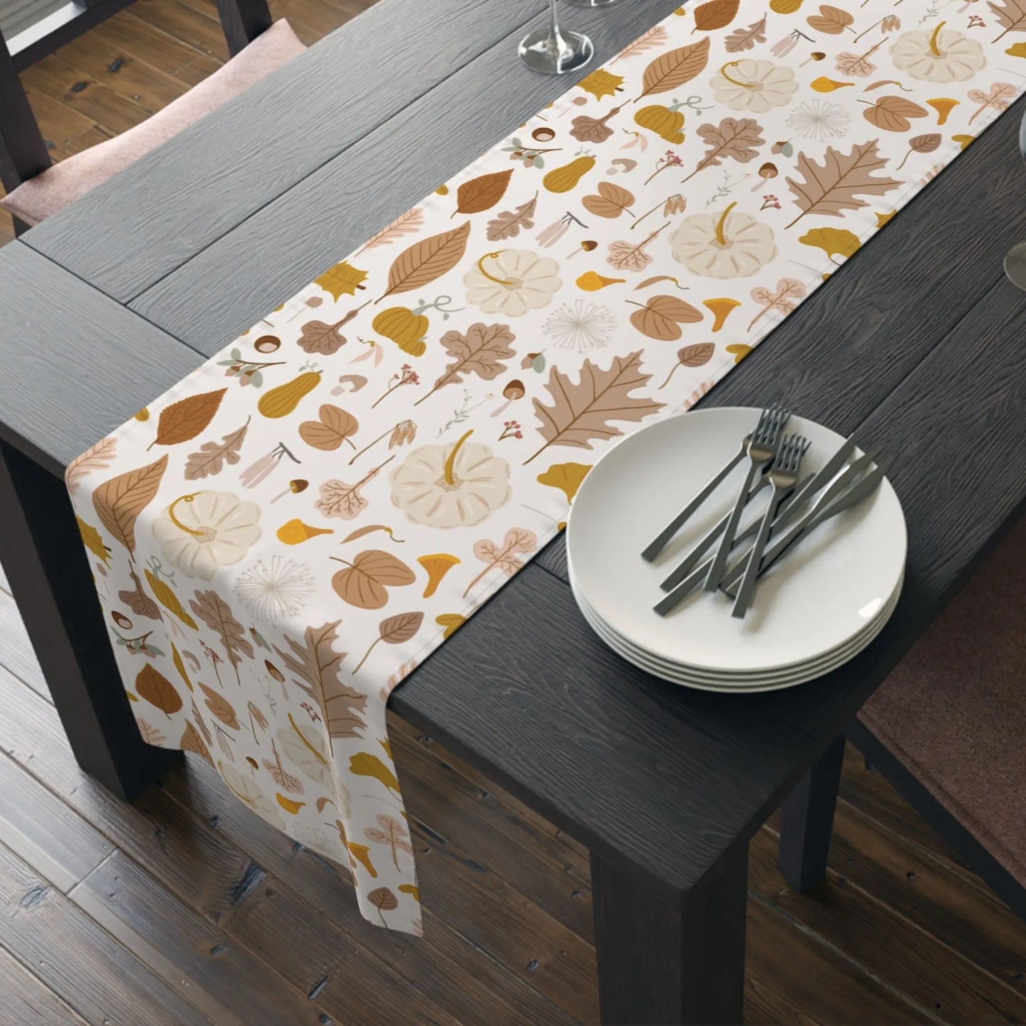 black wood dining table with Pumpkin Fall, Thanksgiving TABLE RUNNER from Blue Water Songs